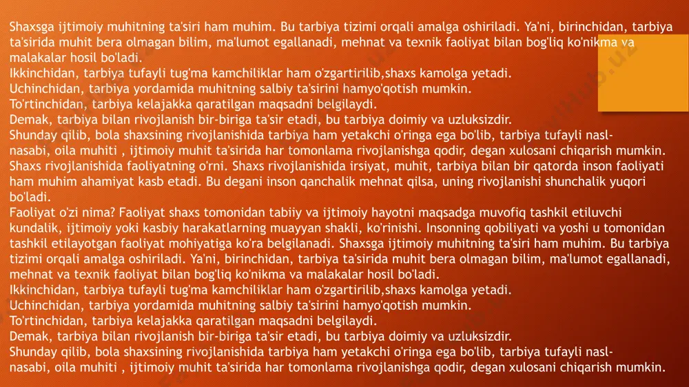 lantirishi mumkinligini ilmiy asosda tadqiq qilgan. u o’z oldiga irsiyat bilan muhit munosabatini o’rganishni maqsad qilgan edi, yani “ inson yaqinlariga qachalik o’xshaydi ? va yomon oiladan chiqqan bola yomon bo’lishga mahkummi?” degan savollar va 1) irsiyat( genetika) 2) muhit ( tarbiya, ijtimoiy holat, psihologik sharoit) tushunchalarini o’rganishni maqsad qildi. minnesota twins study yili: boshlanishi 1979-yil, davom etgan 1999-yilgacha olib borgan: thomas bouchard, minnesota universiteti izoh: bu tadqiqot bir-biridan ajralgan egizaklarni o‘rganish orqali genetika va muhit o‘rtasidagi farqlarni aniq ko‘rsatishga uringan. hatto alohida o‘sgan egizaklar ham juda o‘xshash shaxsiy fazilatlarga ega bo‘lishgan. natija: genetika iq, temperament, hatto sevimli rang va taom tanlashga ham ta’sir qiladi, lekin muhit ham muhim rol o‘ynagan. berilgan hulosa: genetika kuchli omil — bu to‘g‘ri. biroq muhit ham kuchli omil — ayniqsa xavfni yo‘qotishda. yomon muhit — salbiy genetik moyillikni kuchaytiradi. mehrli, qo‘llovchi muhit — hatto “xavfli” genlarni ifodalanishiga yo‘l qo‘ymaydi. huddi shuni aksini taqdim etuvchi …