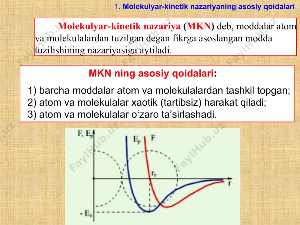 on tenglamasining grafigiga izobara deyiladi. 2. mendeleyev-klapeyron tenglamasi sharl qonuni: berilgan m massali gazning hajmi o‘zgarmas bo‘lganda p bosim temperatura t ga chiziqli bog‘liq bo‘ladi. yoki jak aleksandr sezar sharl (1746-1823) temperaturada gazning bosimi. – gaz bosimining temperaturaviy koeffitsiyenti. izoxorik jarayon – o‘zgarmas hajmda bo‘ladigan jarayon. 2. mendeleyev-klapeyron tenglamasi izoxorik jarayon tenglamasining grafigiga izoxora deyiladi. 2. mendeleyev-klapeyron tenglamasi ko‘rib chiqilgan qonunlar asosida klapeyron quyidagi qonunni o‘rnatdi: berilgan m massali gaz uchun bosimni hajmga ko‘paytmasining temperaturaga nisbati o‘zgarmas kattalikdir, ya’ni bu munosabatga birlashgan gaz qonuni yoki klapeyron tenglamasi deyiladi. benua pol emil klapeyron (1799-1864) 2. mendeleyev-klapeyron tenglamasi amedeo avogadro (1776-1856) avogadro qonuni: turli xil gazlarning bir xil bosim va bir xil temperaturada egallagan hajmlari ham bir xil bo‘ladi. normal sharoitlarda bu hajm quyidagiga teng: 2. mendeleyev-klapeyron tenglamasi jon dalton (1766-1844) dalton qonuni: ideal gaz aralashmasining bosimi shu gazlar parsial bosimlarining yig‘indisiga teng, ya’ni bu yerda – parsial bosim – agar har …