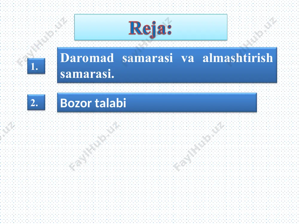 aromad-iste’mol” chizigʻi koordinata boshidan burchak ostidagi toʻgʻri chiziqdan iborat boʻlsa, daromadning oʻsishi, iste’molchining iste’mol qiladigan ne’matlari bir xil proporsiyada oʻsadi. agar iste’molchi ne’matlarni har xil proporsiyada xarid qilsa, chizigʻining yotiqligi oʻzgaradi. 2-rasmda tovarlar sotib olish boshida tez sur’atda oʻsadi, keyinchalik tovarni sotib olish, tovarga nisbatan oshib boradi. gorizontal oʻq boʻyicha iste’molchi daromadi r ordinata oʻqi boʻyicha - sotib olinadigan tovarlar miqdori q belgilangan. 2-rasm. engel egri chiziqlari. iste’molchi ehtiyoji birinchi navbatda oziq-ovqat mahsulotlari bilan toʻyinadi (q1- oziq-ovqat mahsulotlari), keyin standart sifatli sanoat mahsulotlari (q2) bilan va nihoyat, oliy sifatli tovarlar va xizmatlar (q3) bilan. bulardan tashqari, oliy sifatli tovarlar va xizmatlarga oʻtganda ham, standart sifatli sanoat mahsulotlariga talabning yangi sakrash qonuniyati kuzatilgan. q3 q q2 q1 r 3-rasm. “narx-iste’mol” (a) va talab chizigʻi (b). “narx-iste’mol” chizigʻi. yuqorida “daromad-iste’mol” chizigʻi qaralganda, ne’matlar narxi oʻzgarmaydi, deb qabul qilingan edi. endi daromadni oʻzgarmas, deb qaraymiz va ne’matlardan bittasini, masalan, ne’matning narxini oʻzgaruvchan deb …