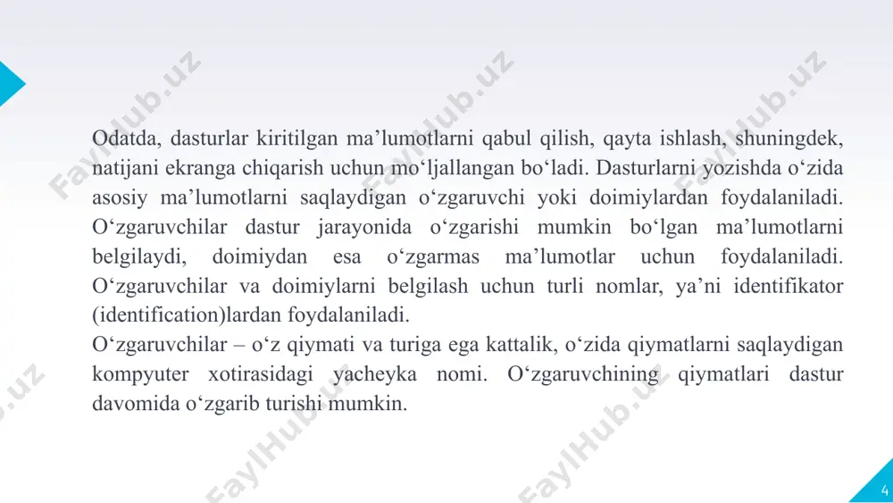 at yoki manfiy, o'nli kasrsiz, cheksiz uzunlikdagi butun sondir. x = 1 y = 35656222554887711 z = -3255522 18 butun sonlar uzun sonlarni kiritishda, qulaylik uchun, raqamlarni pastki chiziq (`_`) yordamida guruhlash mumkin. python - son tarkibidagi pastki chiziqlarni (`_`) inobatga olmasdan, uzun sonligicha qabul qiladi. aholi_soni = 7_594_000_000 # qulay bo'lishi uchun shinday yozdik print("yer kurrasida", aholi_soni, " ga yaqin odam yashaydi") 19 xaqiqiy sonlar xaqiqiy(float) sonlar yoki "suzuvchi nuqtali son" kasr qismiga ega bo’lgan musbat yoki manfiy sondir. x = 1.10 y = 1.0 z = -35.59 xaqiqiy sonlar eksponensial shaklda ham berilishi mumkin. x = 35e3 y = 12e4 z = -87.7e100 20 kompleks sonlar kompleks sonlarda mavhum qism sifatida "j" yoziladi: x = 3+5j y = 5j z = -5j 21 arifmetik amallar python dasturlash tilida sonli ma’lumotlar ustida turli arifmetik amallarni bajarish mumkin. agar ifodalar to‘g‘ri tuzilsa, hisoblash topshiriqlarini bajaruvchi dasturlarni tuzish mumkin bo‘ladi. 22 …