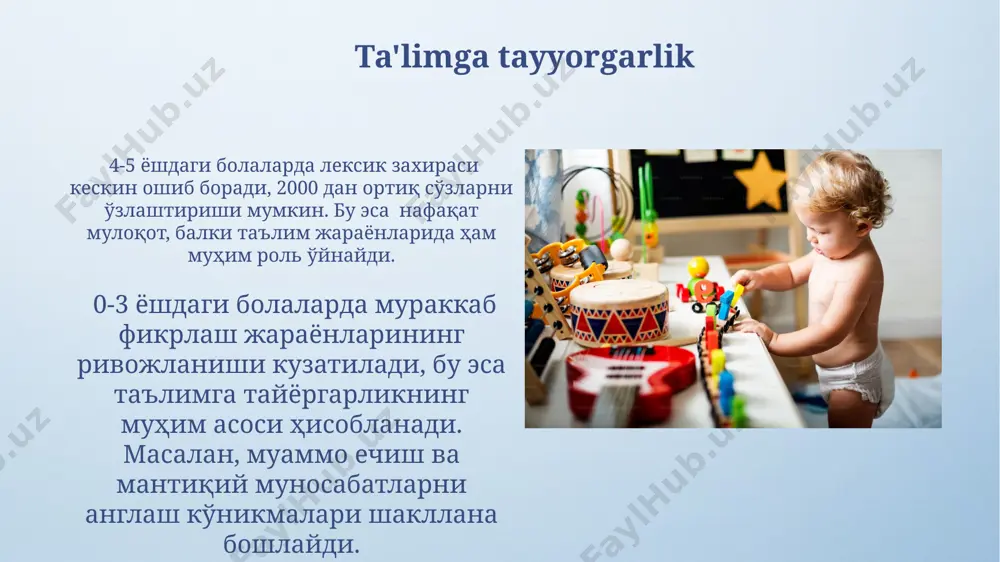 осқичидан ўтадилар. ijodiy fikrlashning rivojlanishi 5-7 ёшдаги болаларда "эгри чизиқларни" чизиш кўникмаси пайдо бўлади, бу эса уларнинг фазовий тасаввурлари ва маълум даражадаги геометрик тафаккурнинг ривожланишидан далолат беради. ижодий фикрлаш ривожланишида "сабаб-оқибат" муносабатларини тушуниш муҳим аҳамиятга эга бўлиб, бу кўникма 4-5 ёш атрофида шакллана бошлайди ва 7 ёшгача мустаҳкамланади. mayda motor rivojlanishi 2 yoshga kelib, bolalar mustaqil ravishda qalamni ushlab chizishlari mumkin bo'lib, bu nozik motorika rivojlanishining muhim bosqichidir, ammo chizmalar hali ham noaniq bo'ladi. mayda motor rivojlanishining 6 oyligida bolaning qo'lini ochib-yopishi, mayda narsalarni ushlab turishi kabi harakatlari kuzatiladi, bu esa qo'l-barmoq mushaklarining rivojlanishini ko'rsatadi. maktabga tayyorgarlik 6 yoshga kelib, bolaning lug‘ati 2000-3000 so‘zga yetishi va sodda gaplarni tushunishi, sodda savollarga javob berishi maktabga tayyorgarlikning muhim ko‘rsatkichidir. maktabga tayyorgarlik davrida bolaning 5-6 yoshida qo‘l harakatlari rivojlanishi muhim bo‘lib, mayda motorikasi qalamni to‘g‘ri ushlab yozishga tayyor bo‘lishi kerak. e'tiboringiz uchun rahmat @taqdimot_robot image4.png image5.jpg image6.jpg image7.jpg image8.jpg image9.jpg image10.jpg image11.jpg image12.jpg …