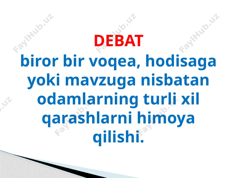 iqarib, o`z nutqini quyidagi so`zlar bilan tamomlaydi: “chappa-rosta savollarga javob berishga tayyorman”. t 1 ning savollariga javob beradi. i 2 – 5 daqiqa o`yinning natijasini chiqaradi, asosiy to`qnashuv joylarini ochib beradi. hakamlarga o`z kriteriysi va argumentlarining ustunligini tasdiqlab beradi. opponentlarining nuqtai nazarini inkor etadi, lekin yangi argument keltirmaydi. o`z nuqtai nazariy chizig`ini tugallaydi. (boshqa spikerlardan ko`ra bu so`zlarda dalilllar kamroq bo`lishi kerak) i 1 ga savollar beradi. o`z chiqishini quyidagi so`zlar bilan tamomlaydi: “shu sabablarga ko`ra hakamlardan o`z ovozlarini bizning jamoamizga berishini so`raymiz” t 3 - 5 daqiqa o`yinning natijasini chiqaradi, asosiy to`qnashuv joylarini ochib beradi. hakamlarga o`z kriteriysi va argumentlarining ustunligini tasdiqlab beradi. opponentlarining nuqtai nazarini inkor etadi, lekin yangi argument keltirmaydi. t 3 tomonidan keltirilgan yangi dalillarni inkor etmaydi. o`z nuqtai nazariy chizig`ini tugallaydi. (boshqa spikerlardan ko`ra bu so`zlarda dalilllar kamroq bo`lishi kerak) t 1 ga savollar beradi. o`z chiqishini quyidagi so`zlar bilan tamomlaydi: “shu sabablarga ko`ra hakamlardan …