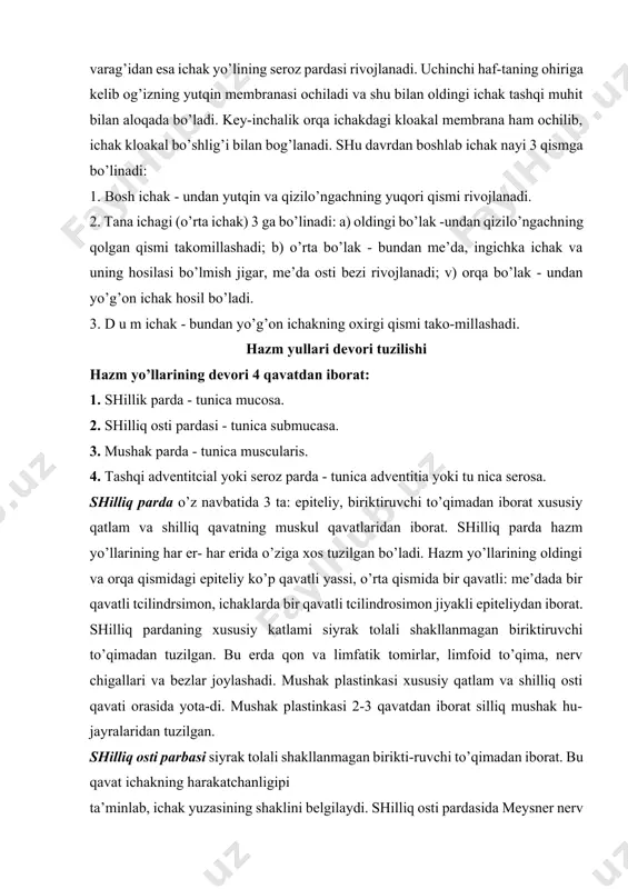 to’qimadan tuzilgan. bu erda qon va limfatik tomirlar, limfoid to’qima, nerv chigallari va bezlar joylashadi. mushak plastinkasi xususiy qatlam va shilliq osti qavati orasida yota-di. mushak plastinkasi 2-3 qavatdan iborat silliq mushak hu-jayralaridan tuzilgan. shilliq osti parbasi siyrak tolali shakllanmagan birikti-ruvchi to’qimadan iborat. bu qavat ichakning harakatchanligipi ta’minlab, ichak yuzasining shaklini belgilaydi. shilliq osti pardasida meysner nerv chigali ham yotadi. qizilo’ngach va o’n ikki barmoq ichakda shilliq osti pardada xususiy bezlar yotadi. mushak parda. ichak nayining oldingi va orqa qismi mushak parda ko’ndalang-targ’il, o’rta bo’lagida silliq mushaklardan iborat. mushak pardada ichki - tcirkulyar, tashqi - bo’ylama yotgan mushaklar bo’lib, ular orasidagi biriktiruvchi to’qimada auer-bax nerv chigallar, qon va limfa tomirlar joylashadi. tashqi-seroz yoki adventitcial parda. me’da-ichak nayining asosiy qismi mana shu seroz parda - qorin pardaning vistceral varag’i bilan o’ralgan. seroz pardaning asosi qon tomirlar va nerv tolalari tutgan siyrak tolali shakllanmagan biriktiruvchi to’qimadan iborat bo’lib, tashqaridan - bir qavatli …
