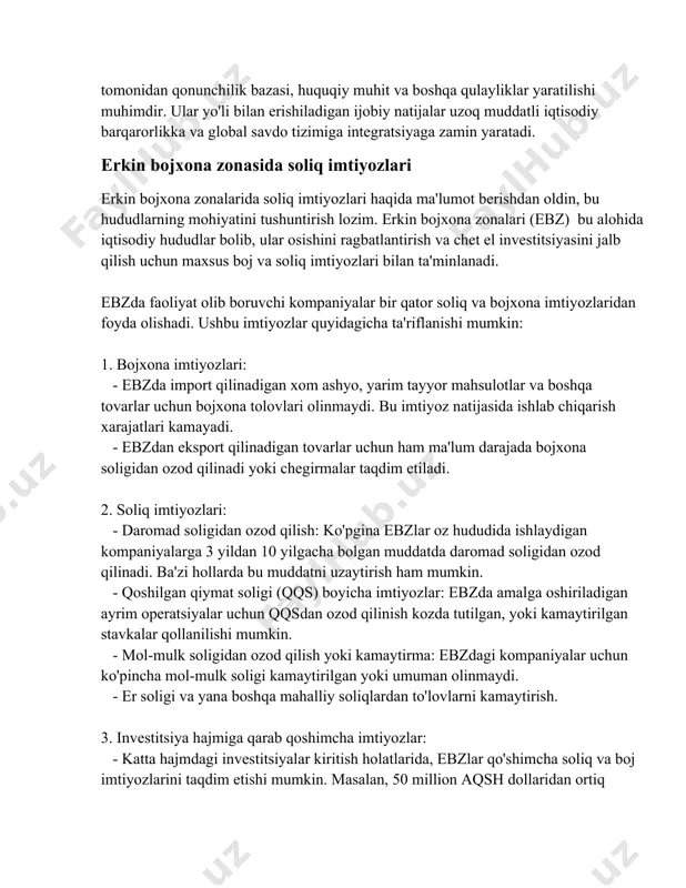 n olinmaydi. - er soligi va yana boshqa mahalliy soliqlardan to'lovlarni kamaytirish. 3. investitsiya hajmiga qarab qoshimcha imtiyozlar: - katta hajmdagi investitsiyalar kiritish holatlarida, ebzlar qo'shimcha soliq va boj imtiyozlarini taqdim etishi mumkin. masalan, 50 million aqsh dollaridan ortiq sarmoya kiritilsa, kompaniya 5 yil davomida barcha daromad soligidan toliq ozod etilishi mumkin. 4. yaratilgan ish orinlariga qarab imtiyozlar: - agar yangi ish orinlari yaratish majburiyati bajarilsa, kompaniyalar soliq yuklamasini yengillashtiruvchi imtiyozlardan foydalanishi mumkin. 5. ilmiy-texnologik tadqiqotlar uchun imtiyozlar: - innovatsion faoliyatni qollab-quvvatlash maqsadida, ebz ichidagi ilmiy-texnologik tadqiqotlarga investitsiya kiritgan korxonalar uchun qo'shimcha soliq chegirmalari mavjud bo'lishi mumkin. ebzlar iqtisodiyotni diversifikatsiya qilish va raqobatbardosh mahsulotlar ishlab chiqarishni kopaytirishga qaratilgan. ushbu hududlar orqali davlatlar chet el investitsiyasini kopaytirishga intiladi. mahalliy iqtisodiyotni rivojlantirishga xizmat qiluvchi imtiyozlar tizimi, ebzni tashkil etish va ishga tushirish jarayonida davlatlar raqobatbardoshligini orttirishga harakat qiladi. shu sababli, barrierlarni kamaytirish va ragbatlantirish choralarini kuchaytirish, ebzni muvaffaqiyatli boshqarishda muhim ahamiyat kasb …