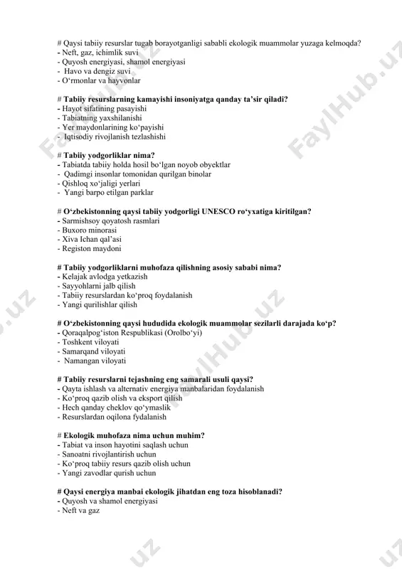 adi? - ekologik omillar - kimyoviy omillar - faqat fizik omillar - noorganik omillar # ekologik omillar necha turga bo‘linadi? - 3 - 2 - 4 - 5 # biotik omillarga qaysi jarayon kiradi? - tirik organizmlarning bir-biriga ta’siri - quyosh nuri ta’siri - namlik darajasi - havo harorati # abiotik omillar deganda nima tushuniladi? - tirik organizmlarga tirik bo‘lmagan muhit omillarining ta’siri - organizmlar o‘rtasidagi munosabat - hayvonlarning ovqatlanish tartibi - o‘simliklarning fotosintezi # antropogen omillar deganda nimani tushunamiz? - inson faoliyatining tabiatga ta’siri - hayvonlar harakati - o‘simliklarning o‘sishi - iqlim o‘zgarishi # haroratning o‘simliklarga ta’siri qaysi omilga kiradi? - abiotik omil - biotik omil - antropogen omil - ijtimoiy omil # hayvonlarning o‘simliklar bilan oziqlanishi qanday omilga kiradi? - biotik omil - abiotik omil - antropogen omil - fizik omil # insonning qishloq xo‘jaligi faoliyati qanday ekologik omil hisoblanadi? - antropogen omil - biotik omil - abiotik …