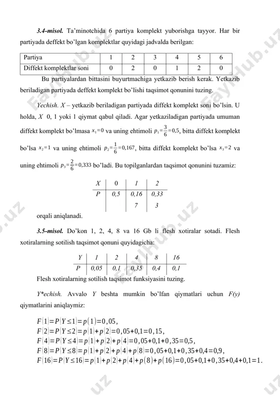 dan katta bo’lsa (misoln ). demak, taqsimot funksiyasi formula bilan aniqlanadi.[footnoteref:1] [1: jay_l._devore_modern_mathematical_statistics_with_applications-springer-verlag new york (2012)] 3.7-misol. 3.2.-misol uchun matematik kutilishni hisoblang. yechish. (3.1) formulaga ko’ra .■ 3.8-misol. yangi tug’ilgan chaqaloqlar apgar shkalasi yordamida baholanadi. chaqaloq ko’rinishi, muskullar tonusi, nafas olish holati, yurak urishi va reflektiv sezuvchanligi orqali 0,1,2,...,10 reyting ballari bilan baholanadi (eng yuqori baholanishi mumkin bo’lgan ball - 10 ball). x tasodifiy miqdor quyida taqsimot qonuni bilan berilgan ma’lum bir tug’ruqxonada joriy yilda tug’ilgan tasodifiy chaqaloqning apgar shkalasi bo’yicha reytingi bo’lsin: x 0 1 2 3 4 5 6 7 8 9 10 p(x) 0,002 0,001 0,002 0,005 0,02 0,04 0,18 0,37 0,25 0,12 0,01 x tasodifiy miqdorning o’rtacha qiymati (matematik kutilishi) quyidagiga teng: ko’rinib turimdiki o’rtacha qiymat taqsimotning mumkin bo’lgan qiymatlariga mos kelmaydi. bundan tashqari, o’zgaruvchi bo’lg’usi bolaga taaluqli bo’lganligi sababli taaluqli bo’lgan aniq to’plam mavjud emas. buning o’rniga yuqoridagi taqsimot qonunini o’rtacha qiymati ga teng bo’lgan …
