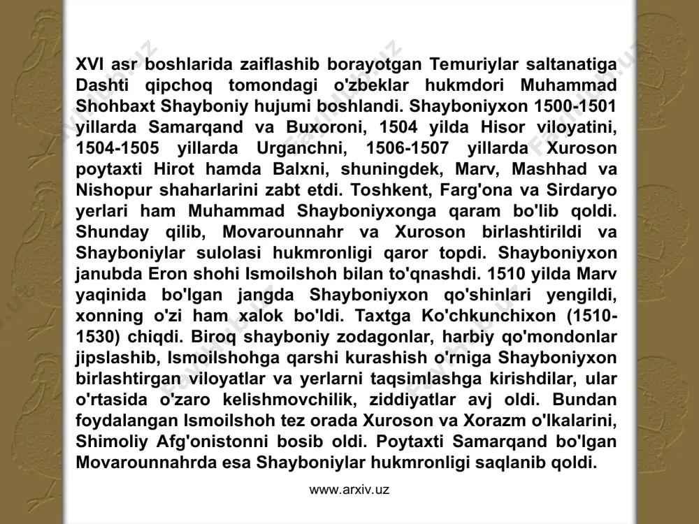 azaklari tez-tez hujum qilib faloqatlar keltirardi. www.arxiv.uz www.arxiv.uz www.arxiv.uz www.arxiv.uz xviii asr 40-yillarida eron shohi nodirshoh, uning o'g'li nasrullo xiva xonligini bosib olib, o'z boshqaruvini o'rnatdi, turkman qabilalarini xorazmdan xurosonga ko'chirdi. biroq xiva xonligida tinchlik bo'lmadi. eron hukmdorlariga qarshi tez-tez g'alayonlar bo'lar, aholi boshi oqqan tomonga ketardi. shunday vaziyatda xonlikdagi o'zbek qabilalaridan qo'ng'irot urug'ining boshlig'i muhammad amin inoq 1770 yilda hokimiyatni qo'lga oldi va ayva xonligi­da yangi sulola-qo'ng'irot sulolasiga asos soldi va bu sulola 1920 yilgacha hukm surdi. muhammad amin inoq turkmanlar mang'itini bostirdi, buxoro hukmdorining hujumini daf etdi va xiva xonligidagi viloyat hokimlarini markaziy hokimiyatga bo'ysundirdi. movarounnahrda 100 yilgacha davom etgan shayboniy­lar davrida ham tinchlik bo'lmadi, qirg'inbarot urushlar, o'zaro ichki kurashlar davom etdi. 1512 yildan boshlab bu­xoro viloyati noibi bo'lib kelgan ubaydulla sulton 1533 yilda shayboniylar sulolasining oliy hukmdori etib ko'tarildi. ubaydulla sulton samarqanddagi ko'chkinchixon avlodlari qarshiligi sababli oliy hokimiyatni buxoroda turib boshqarardi. shayboniy ubaydullaxon (1533-1539) davrida buxoroning mavqei …