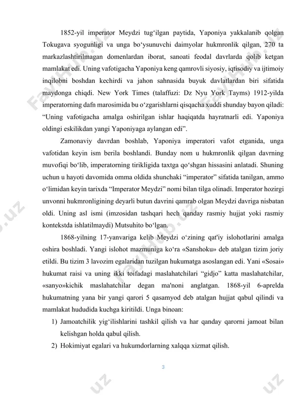 lish. 3) harbiy va fuqaro mansabdor shaxslarga, oddiy aholiga tadbirkorlik va boshqa salohoyatlarini erkin ko‘rsatib berishlari uchun sharoit yaratish. 4) o‘tmishdagi barcha yomon urf-odatlar bekor qilinishi va barcha harakatlar adolatga asosolanishi. 5) dunyo bo‘ylab foydali bilimlar olishga e'tiborni qaratib imperiya asoslari mustahkamlash. ushbu kurs ishining maqsadi mavzuni to‘liq ko‘rib chiqish, o‘sha davr tarixini o‘rganish, shuningdek olingan bilimlarni tizimlashtirish va mustahkamlashdir. yaponiyada shogunat hokimiyatining zaiflashishi va meiji tiklanishidan boshlab, birinchi yapon konstitutsiyasining yaratilishigacha bo‘lgan o‘zgarishlarni kuzatish kerak. ishning maqsadiga asoslanib, quyidagi vazifalarni aniqlash mumkin: · meydzi inqilobini ko‘rib chiqish · meydzi davridagi asosiy islohotlarni ta'kidlash · 1889 yilgi konstitutsiyani tahlil qilish kurs ishi ob'ekti xix asr oxiridagi yaponiya davlati va huquqidir. ishda qo‘llaniladigan tadqiqot usullari: tahlil, sintez, umumlashtirish, tarixiy usul. kurs ishi tarkibi kirish, 3 bob va pharagirflar, xulosa va foydalanilgan adabiyotlardan iborat. i bob. meydzi inqilobi 1.1. inqilob sabablari. 1868-yilda yaponiya tarixida juda muhim tub burilish bosqichi boshlandi. shu yilda …