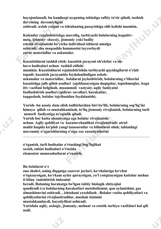 dam olish tadbirlaridan biri bo'lib, bolalarning sog'lig'ini himoya qilish va mustahkamlash, to'liq jismoniy rivojlanish, bolalarning turli motorli faoliyatiga to'sqinlik qiladi. yurish bor katta ahamiyatga ega bolalar rivojlanishi uchun. aqliy qobiliyat va kuzatuvchanlikni rivojlantiradi: atrof- muhit haqida ko'plab yangi taassurotlar va bilimlarni olish; tabiatdagi mavsumiy o'zgarishlarning o'ziga xos xususiyatlarini o'rganish, turli hodisalar o'rtasidagi bog'liqlikni sezish, tabiat hodisalari o'rtasida elementar munosabatlarni o'rnatish. bu bolalarni o‘z ona shahri, uning diqqatga sazovor joylari, ko‘chalariga ko‘chat o‘tqazayotgan, ko‘rkam uylar qurayotgan, yo‘l yotqizayotgan kattalar mehna ti bilan tanishtirish imkonini beradi. bolaning harakatga bo'lgan tabiiy biologik ehtiyojini qondiradi (va bolalarning harakatlari metabolizmni, qon aylanishini, gaz almashinuvini oshiradi. , ishtahani yaxshilash . bolalar vosita qobiliyatlari va qobiliyatlarini rivojlantiradilar, mushak tizimini mustahkamlaydi, hayotiylikni oshiradi. yurishda aqliy, axloqiy, jismoniy, mehnat va estetik tarbiya vazifalari hal qili nadi. yurishning maqsadi: sog'lig'ini mustahkamlash, charchoqning oldini olish, bolalarning jismoniy va aqliy rivojlanishi, faoliyat jarayonida tananing kamaygan funktsional resurslarini tiklash. yurishning vazifalari: tabiiy sharoitda …