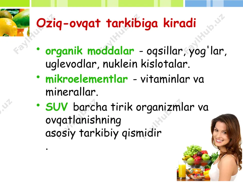 ovqatlanishi homilaning oshqozon-ichak trakti fermentlarining kamolotini rag'batlantiradi. ratsional ovqatlanish bolaning normal rivojlanishiga yordam beradi. homilador va emizikli onalar uchun ovqatlanish mahsulotlar miqdori, kunlik yalpi homilador emizuvchi bug'doy noni 120 150 javdar-bug'doy noni 100 100 bug'doy un 15 20 don, baklagiller, makaron 60 70 kartoshka 200 200 har xil sabzavotlar, ko'katlar 500 500 yangi uzilgan mevalar 300 300 mevali sharbat 150 150 quruq mevalar 20 20 shakar 60 60 qandolat mahsulotlari 20 20 go'sht, parranda go'shti 1 mushuk. 170 170 baliq 70 70 sut, kefir va boshqa fermentlangan sut mahsulotlari 2,5% yog 'miqdori 500 600 4-9% 50 50 homilador va emizikli onalar uchun ovqatlanish mahsulotlar miqdori, kunlik yalpi homilador emizuvchi 10% yog'li smetana 15 15 sariyog ', n/s 25 25 o'simlik yog'i 15 15 parhezli tuxum, dona. 12 12 qattiq pishloq 15 15 choy 1 1 kofe 3 3 yodlangan tuz 5 8 to'plamlarning kimyoviy tarkibi: proteinlar, g 96 104 shu …