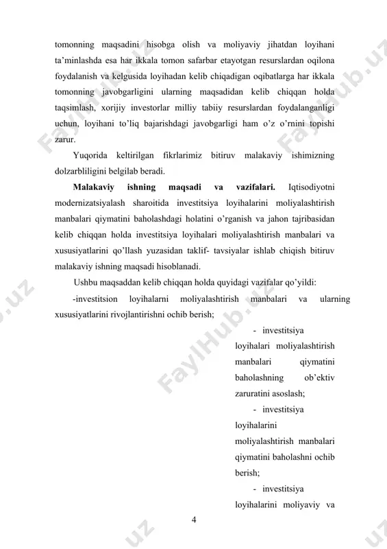 1 betdan iborat bo’lib, 17 ta jadval, 4 ta rasmni o’z ichiga olgan. i bob. investitsiya loyihalarini moliyalashtirish manbalarining mazmun-mohiyati va turkumlanishi 1.1. iqtisodiyotni rivojlantirishda investitsiya loyihalarini moliyalashtirishning o’rni va ahamiyati har qanday davlatning iqtisodiy rivojlanishi investitsiyalarni uzluksiz amalga oshirishni talab qiladi. investitsiya kengaytirilgan takror ishlab chiqarishning asosiy negizini tashkil etar ekan, o’z navbatida, bu takror ishlab chiqarishga investor tomonidan investitsiya resurslarining iqtisodiyot sohalariga o’zi ko’zlagan maqsadni, asosan, daromad olish yoki ijtimoiy samaraga erishish maqsadida joylashtirilishini anglatadi. dunyo tajribasi ko’rsatishicha, keng iqtisodiy islohotlarni amalga oshirish natijalari investitsiyalarni, xususan, turli sohalardagi investitsiya loyihalarini moliyalashtirish manbalari va usullarini samarali amaliyotga tadbiq etish bilan ko’proq ta’minlanishi mumkin ekan. amalga oshirilayotgan investitsiya loyihalarining hajmi va miqdoriga qarab iqtisodiyotda yuz berayotgan o’zgarishlar va siljishlar haqida xulosalar chiqarish mumkin. umuman, bugungi kunda investitsiya loyihalarini moliyalashtirish manbalari va usullari to’g’risida ko’plab gapirilmoqda. odatda, har qanday investitsion tadbirkorlik muayyan maqsadga yo’naltirilgan, mukammal darajada yaratilgan investitsiya g’oyasiga asoslanadi. mukammal …