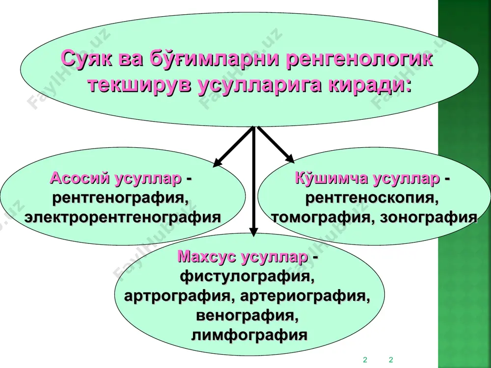 графия * инсон организми 206 та ясси, узун ва калта найсимон, яна нотўғри шаклли ва ўлчамли суяклардан ташкил топган. найсимон суяклар учта кисмдан иборат: эпифиз, метафиз (проксимал ва дистал) ва диафиз (тана). * суяк-бўғим тизимининг рентгенанатомияси * эпифиз – суякнинг бўғим ёриғига қараган қисми бўлиб, гиалин тоғай ва юпқа компакт қават билан қопланган. метафиз – эпифиз ва диафиз орасида жойлашади. эпифиздан ўсувчи тоғайнинг кўндаланг ёриғи билан ажралиб туради. суякнинг узунасига ўсишдан тўхтагандан кейин эпифизар чокка айланади ва рентгенограммада ингичка қорайиш чизиғига айланади. диафиз – проксимал ва дистал метафизлар орасида жойлашган ва унда илик канали жойлашган. * * нормада суякларда қаттик ва юмшоқ қават тафовут этилади. суякнинг қаттиқ қаватига – компакт ва ғовак қават киради. компакт қават диафизда, ғовак қават суякнинг эпифиз ва метафиз қисмида яхши кўринади. суякнинг ғовак моддасидаги суяк устунчалари ва трабекулалари рентгенограммада катакча шаклидаги мураккаб таъсвирни ҳосил қилади. юмшоқ қаватига – суяк усти пардаси, эндост ва суяк кўмиги …