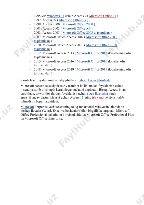 · 1997: access 97 ( microsoft office 97 ) · 1999: access 2000 ( microsoft office 2000 ) · 2001: access 2002 ( microsoft office xp ) · 2003: access 2003 ( microsoft office 2003 to'plamidan ) · 2007: microsoft office access 2007 ( microsoft office 2007 to'plamidan ) · 2010: microsoft office access 2010 ( microsoft office 2010 to'plamidan ) · 2012: microsoft access 2013 ( microsoft office 2013 ilovalarining ofis to'plamidan ) · 2015: microsoft access 2016 ( microsoft office 2016 ilovalari ofis toʻplamidan ) · 2018: microsoft access 2019 ( microsoft office 2019 ilovalarining ofis toʻplamidan ) kirish litsenziyalashning amaliy jihatlari [ tahrir | kodni tahrirlash ] microsoft access xususiy dasturiy ta'minot bo'lib, undan foydalanish uchun litsenziya sotib olishingiz kerak degan ma'noni anglatadi. biroq, access bilan yaratilgan, tayyor ilovalardan foydalanish uchun sizga litsenziya kerak emas. bunday dastur ishlashi uchun access [2] ning ish vaqti versiyasi talab qilinadi …