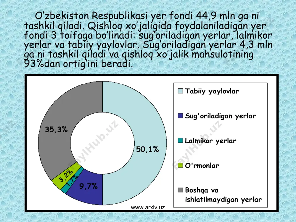 t o’tishi bilan hosildorlik pasayishi kuzatiladi, qo’shimcha organik va mineral o’g’itlar berish, ko’proq mehnat sarflash talabi yuzaga keladi. yerdan foydalanishda yo’l qo’yilgan ekologik talablarni buzishlari ancha vaqtgacha o’zining salbiy ta’sirini ko’rsatadi. www.arxiv.uz www.arxiv.uz qishloq xo’jaligida kimyoviy moddalardan foydalanish hajmi ancha kamaytirilishiga qaramay(oxirgi 10-12 yil davomida pestisidlar va mineral o’g’itlardan foydalanish 3-4 barobarga kamaydi), zaharli moddalar qoldiq miqdori bilan tuproqni ifloslanishi keskinligicha qolmoqda. yaylovlarning ozuqa hajmini hisobga olmay chorvani yaylovlarda boqish ularning degressiyasiga (ozuqa hajmini yo’qotishiga) olib keladi. masalan, 1994-2004 yillar davomida yaylovlar degressiyasi qoraqalpog’iston respublikasi bo’yicha-1566,3 ming gektarni, navoiyda-4093,6 ming gektarni, buxoro viloyatida-1019,0 ming gektar, samarqand viloyatida- 117,3 ming gektar, surxondaryoda-205,7 ming gektar maydonni tashkil etdi. www.arxiv.uz www.arxiv.uz 1999-2003 yillarda ddt(xlororganik pestisidlar) yig’indisi bilan ifloslanish dinamikasi (stchk ulushida) (o’zgidromet ma’lumotlariga ko’ra) www.arxiv.uz viloyat 1999 2000 2001 2002 2003 o’zbekiston respublikasi 1,800 1,930 1,500 1,333 1,095 qoraqalpog’iston respublikasi 3,620 4,350 3,500 2,009 1,993 andijon 1,560 0,930 0,460 0,754 0,397 buxoro 0,940 …