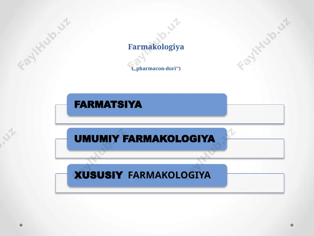 tini shikastlashi mumkin afzalliklari: birlamchi metabolizmga kam uchraydi oral jo’natib bo’lmaydigan hollarda parenteral subcutaneus intramuscular keng tarqalgan,effektiv intravenosus intra-arterial (onkologiya) intrasternal (chaqaloqlar va qariyalarda) ingalyatsion(narkozda,nafas yo’llari kasalliklarida) intranazal (naftizin) mahalliy(m:teriga,ko’z konyunktivasiga) subcutaneous kamchiliklari: og’riqli katta miqdorda yuborib bo’lmaydi afzalliklari: tez va oson juda tez so’riladi suspenziya va granulalar uchun mos intramuscular kamchiliklari: og’riqli qon oqishi nervni zararlashi mumkin afzalliklari: tez va oson qabul qilinadi ko’pincha tez so’riladi depo sifatida foydalanish mumkin yog’li moddalar va suspenziyalar uchun qulay intavenous kamchiliklari: inyeksiyadan keyin dorining tez yuqori konsentratsiyaga erishishi tufayli nojo’ya ta’sir qilishi xavfi oshadi yog’simon moddalar va suspenziyalar uchun noqulay afzalliklari: bevosita yo’l dozasini osongina tartibga solinadi katta hajm uchun qulay so’rilish uchun to’siqlarni chetlab o’tadi (tezkor ta’sir) farmakokinetika absorbsiya so’rilish asosan 5 xil yo’l bilan boradi: oddiy diffuziya osonlashgan diffuziya filtratsiya(poralar,fenestrlar orqali) aktiv transport (birlamchi ; ikkilamchi) pinotsitoz 1. oddiy diffuziya energiya sarfisiz konsentratsiya gradientiga muvofiq maxsus tashuvchi-oqsillarsiz asosan lipofil, qutbsiz …