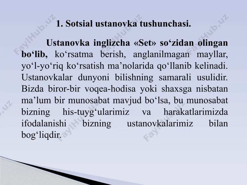 hi yillarida ham jadallik bilan rivojlandi. chunki, «psixologik urush», ya’ni dushman tomonidagilarga psixologik ta’sir ko‘rsatish uchun olib boriladigan targ‘ibot va tashviqot ishlari aynan sotsial ustanovka va uni o‘zgartirish bilan bog‘liq edi. bunda dushmanga nisbatan qarama-qarshi tomondan ko‘rsatilayotgan psixologik ta’sirlar dushmanning sotsial ustanovkalarini boshqacha yo‘nalishda shakllantirish, takomillashtirish va o‘zgartirishga qaratilgan edi. demak, urush jarayonida insonning sotsial ustanovkalaridan raqiblarni yengish maqsadida psixologik qurol sifatida foydalanilgan. sotsial ustanovkaning o‘rganilishida ikkinchi bosqich 1939-1950-yillarni o‘z ichiga oladi. ikkinchi jahon urushi boshlarida va u tugagandan so‘ng ham sotsial ustanovkalarni o‘rganish borasidagi tadqiqotlar deyarli o‘tkazilmagan. faqat 1950- yillarning oxirlaridan boshlab bu ishlar yana rivojlanib ketgan. sotsial ustanovkaning o‘rganilishida uchinchi bosqich 1960-yildan hozirgacha davom etib kelmoqda. hozirgi kunga kelib, sotsial psixologiyaning ko‘pgina amaliy (masalan, reklama bilan bog‘liq) sohalari insonning sotsial ustanovkalarini o‘rganish bilan qiziqmoqdalar. sotsial ustanovkalar to‘g‘risidagi ilmiy bilimlarning bunday qo‘llanishi tadqiqotning uchinchi bosqichini tashkil etmoqda. d.n.uznadze ham ustanovka va sotsial ustanovka (attityud)ni bir-biridan ajratish lozimligini ta’kidlaydi. ustanovka …