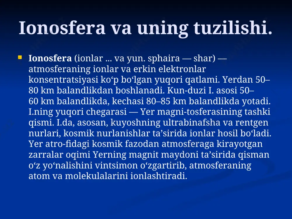 дан ошмайди. * ionosferaning dielektrik singdiruvchanligi va elektr o‘tkazuvchanligi. tashqi maydon natijasida ionosferaga yo‘naltiriladigan to‘liq tok turli toklar summasiga tengdir, bular: erkin fazodagi siljish toki va maydon ta’sirida bzaga keladigan konveksion toklardir. * elektron konsentratsiyasiga va to‘qnashuvlar chastotasiga bog‘liq. ular vaqt-fazo funksiyasi sifatida o‘zgaradi. shu sababdan, ionosfera elektrik nobirjinsli muxitd xisoblanadi. h balandlik bo‘yicha ionosfera qatlami εi ko‘rsatkichining o‘zgarish qonuni ko‘rsatilgan. ko‘rinib turibdiki, dielektrik singdiruvchanlik avvaliga kamayadi, so‘ngra balandlik ortishi bilan ionizatsiya qatlamining maksimumi ham ortadi. * e’tiboringiz uchun raxmat ! *
