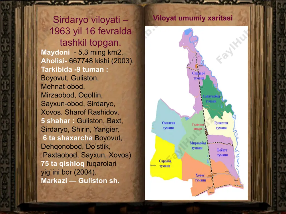 onaik , sirdaryolik o`rtasida milliy farq yo`q . – ularning barchasi o`zbeklardir. i. а. каrimov туй сафари. bu yurtda qariyalar hamisha e`zozda sirli masjidning ayvon shifti bezagi masjidni bezashda handasaviy naqshlar bilan bazatilgan. masjidni bezaklarida xalq amaliy san’ati uyg’unlashgan. o’ymakorlik ishlarida ustalarning mohirligi tahsinga sazovor. to`y safari. kelin va kuyov. kelin salom marosimi. viloyat tarixi haqida guvohlik bеruvchi yodgorliklardan biri sardoba tumani hududida joylashgan sardoba yodgorligidir. sardoba forscha (sard –sovuq, zah, hamda ob –suv) “muzdеk suv” dеgan ma'noni anglatadi. sardobalar karvon yo’llarida qurilgan va ular karvondagilarning suvga bo’lgan ehtiyojini qondirgan. o’tgan asr tarixchilarining yozishicha, yog’ochli sardobasi yaqinida karvonsaroy hamda bog’-rog’lar bo’lgan. sardoba gumbazsimon ko’rinishga еga. u nihoyatda sifatli g’ishtdan qurilgan. g’ishtlar kvadrat shaklida bo’lib, ularning hajmlari 25x25x5 santimеtrdir. gumbazning ichki diamеtri 15 m, balandligi 12 mеtrni tashkil еtadi. ichki qismida 2 mеtr balandlikda yopiq, uyasimon tuynuklar joylashgan. o’tgan asrda sardoba ichida еvropaliklar tomonidan quduq qazilgan. ushbu quduqning dеvorlari yog’och bilan …