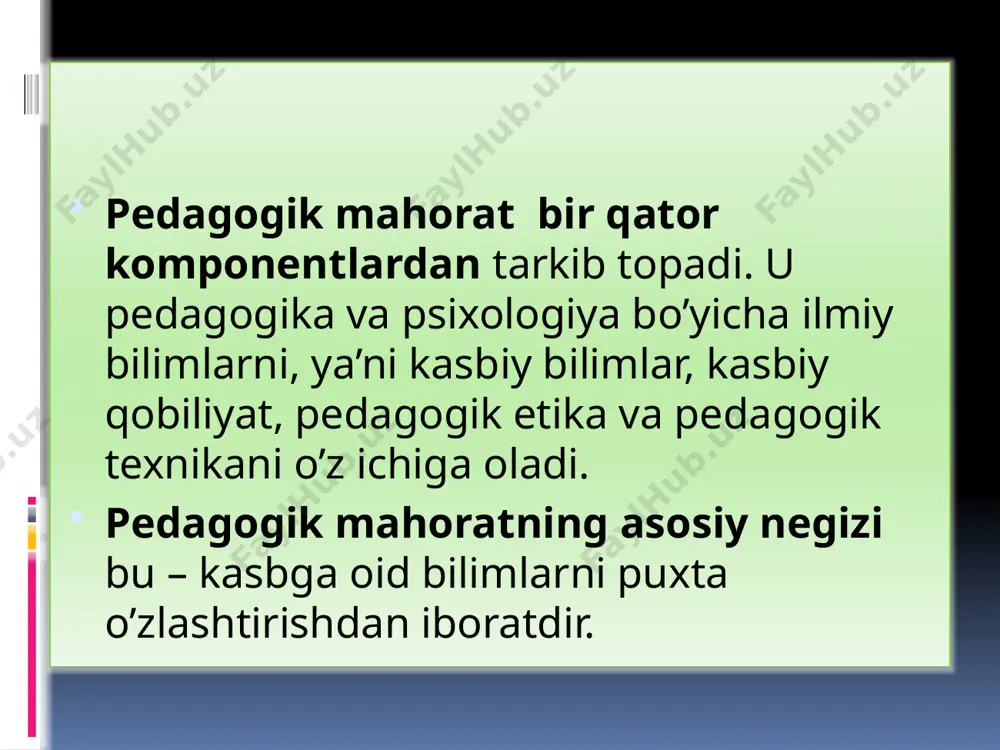 ni mahorat egasi sanasa u quyidagi bilim, ko’nikma, malakalarni egallagan bo’lishi zarurdir 1.o‘qituvchi dunyoqarashi keng, hamma voqyea, hodisa ustida erkin fikr yurita olishi zarurdir. 2. mustaqil o‘zbekistonimiz o’qituvchisi birinchi galda o’zi o’qitadigan fanni chuqur egallagan bo’lgandagina o’quvchilarda umumiy va kasbiy ta’lim sifatini oshira oladi va ularda fan - texnika hamda amaliy faoliyatga qiziqish va istak hosil qila oladi. 3.o‘qituvchi hozirgi zamon fan-texnika talabiga muvofiq yaxshi dars berishi va uning har minutidan unumli foydalanishi zarur. 4.o‘qituvchi yaxshi o’qituvchi bo’lishi uchun pedagogika, psixologiyaga qo’shib, o’z fanining metodikasini yaxshi bilmog’i lozim. 5.o‘qituvchining umumiy madaniyati yuqori bo’lishi bilan birga bu kasb adabiyot va san’at sohasidagi bilimlarga ega bo’lishni talab qiladi. 6.o‘qituvchi pedagoglik odobiga rioya qilishi kerak. pedagoglik odobi o’qituvchilik kasbiga xos fazilatlardan bo’lib, u o’qituvchining bolalar bilan ishlashi jarayonida uning tajribasi mahorati oshadi. 7. o‘qituvchi pedagoglik mahoratiga va har tomonlama bilimga ega bo’lishi kerak, chunki unga o’quvchilar har sohada murojaat qilishlari mumkin. o‘qituvchining pedagogik …