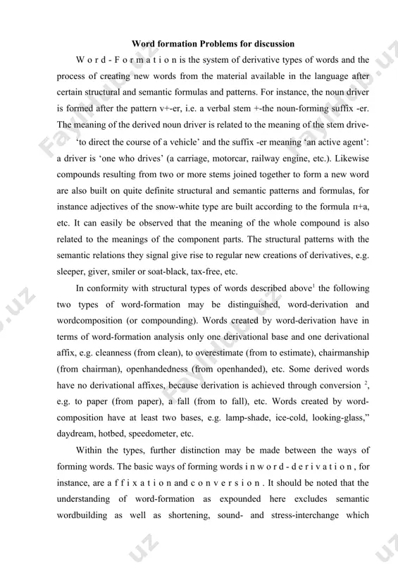 ugh conversion 2, e.g. to paper (from paper), a fall (from to fall), etc. words created by word-composition have at least two bases, e.g. lamp-shade, ice-cold, looking-glass,” daydream, hotbed, speedometer, etc. within the types, further distinction may be made between the ways of forming words. the basic ways of forming words i n w o r d - d e r i v a t i о n , for instance, are a f f i x a t i o n and c o n v e r s i o n . it should be noted that the understanding of word-formation as expounded here excludes semantic wordbuilding as well as shortening, sound- and stress-interchange which traditionally are referred, as has been mentioned above, to minor ways of word-formation. by semantic word-building some linguists understand any change in word-meaning, e.g. stock — ‘the lower part of the trunk of …