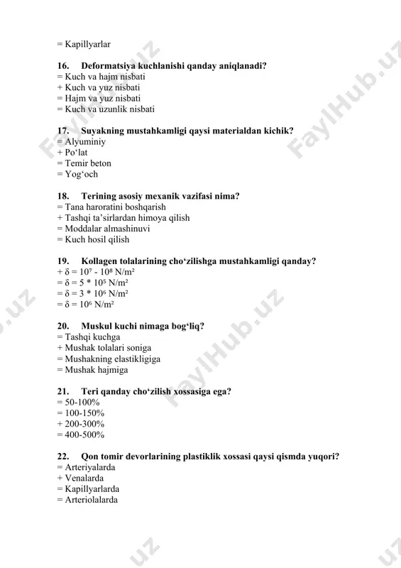 ktr tebranishlari + zarrachalarning elastik muhitda tebranishi = har qanday akustik hodisa = faqat musiqiy tovushlar 32. tovushning fizik xarakteristikasi qaysi? + chastota, amplituda = tembr va qattiqlik = sezuvchanlik va balandlik = faqat garmonik spektr 33. eshitish bo'sag'asi qanday ta'riflanadi? = tovush balandligini belgilovchi minimal chastota + minimal intensivlikda eshitishni uyg‘otuvchi chastota = tovush qattiqligining maksimal qiymati = faqat psixofizik parametr 34. havoda tovush tezligi qanday? + 331,5 m/s = 1,3 km/s = 2 km/s = 340 m/s 35. tovush intensivligi qanday o‘lchanadi? = chastota bilan + bellarda = tembr bilan = amplituda orqali 36. doppler effekti qanday jarayonga taalluqli? = tovush chastotasining amplituda o‘zgarishi + kuzatuvchi va manbaning harakatlanishidagi chastota o‘zgarishi = tovush balandligining o‘zgarishi = qattiq jismlarda tovush tarqalishi 37. ultratovush qanday chastotaga ega? = 0,001 gs = 16 gs dan kichik + 20 kgs dan katta = 10 gs 38. audiometriya nimani o‘rganadi? = tovush intensivligini …