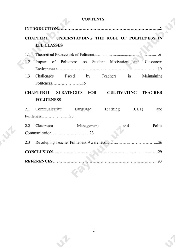 tering effective teaching practices, enhancing student motivation and engagement, and ultimately, facilitating language acquisition. through an examination of theoretical frameworks, empirical research, and practical implications, this paper seeks to provide insights into the intricate dynamics of teacher politeness in efl classrooms, offering valuable contributions to both theory and practice in language education. the aim of this course paper is to explore the significance of teacher politeness in english as a foreign language (efl) classrooms. it seeks to investigate how teacher politeness influences various aspects of the teaching and learning process, including student motivation, engagement, and language acquisition. by examining theoretical frameworks, empirical research, and practical implications, the paper aims to provide insights into the complex dynamics of teacher-student interaction in efl contexts. ultimately, the paper aims to contribute to a deeper understanding of effective teaching practices and to provide recommendations for enhancing teacher politeness in efl classrooms, thereby promoting a …