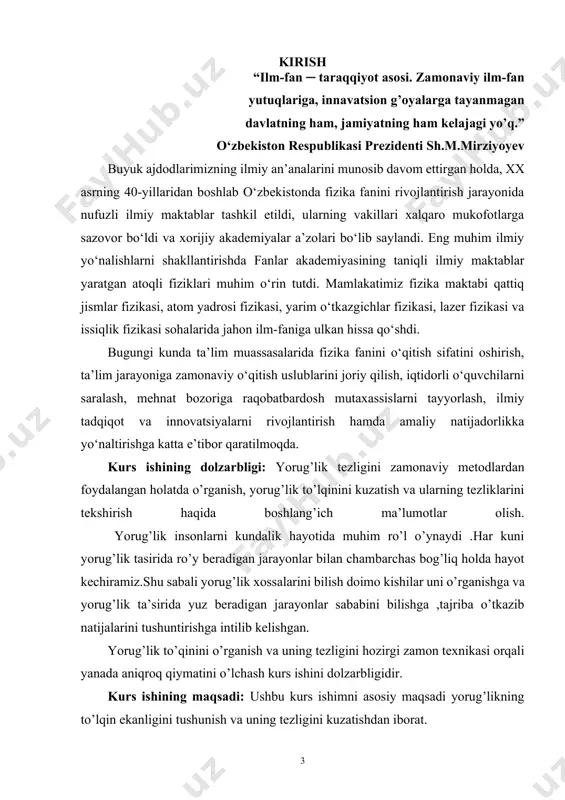 keskin soyalar ustida o’tkazilgan kuzatishlar yoki kichik teshiklar yordamida olingan tasvirlar bu qonunning tajribada tasdiqlanishidir. yorug’lik tarqalishining mustaqillik qonuni. yorug’lik oqimini diafragmalar yordamida ayrim yorug’lik dastalariga ajratish mumkin. bu ajratilgan yorug’lik dastalarining ta’siri mustaqil bo’lar ekan, ayrim bir dasta hosil qiladigan tasvir, boshqa dastalarning ayni vaqtdagi ta’siriga bog’liq emas. masalan, fotoapparat ob’ektiviga keng landshaftdan yorug’lik tushayotgan bo’lsa, u holda yorug’lik dastalarining bir qismini to’sganimizda, boshqa dastalarning beradigan tasviri o’zgarmaydi. yorug’likning qaytish qonuni. tushayotgan nur, qaytaruvchi sirtga o’tkazilgan normal va qaytgan nur bir tekislikda yotadi (1.1 - rasm), bunda nur bilan normal orasidagi burchak o’zaro teng bo’ladi: i tushish burchagi, i1 qaytish burchagiga teng. 1.1-rasm qaytish qonuni yorug’likning qaytarish ko’rsatgichi minerallarning xususiyatlari haqida muhim ma’lumotlar beradi. sindirish ko’rsatgichi ma’lum bo’lgan holda ko’pchilik minerallar uchun nurning qaytish ko’rsatgichi (r) ni frenel formulasi bilan hisoblash mumkin: ba’zi tog’ jinslari va minerallari uchun sindirish ko’rsatgichi, qaytarish ko’rsatgichining funksiyasi bo’lib, u umumiy holda 1.2 - …