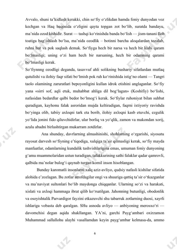 lohiy faqr sifati bo‘lmish pok ruh ko‘rinishida istig‘no olami — tangri taolo olamining zaruratlari bepoyonligini kullan idrok etishini anglaganlar. so‘fiy yana «sirri sof, aqli etuk, muhabbat ahliga dil bog‘lagan» (koshifiy) bo‘lishi, nafasidan bedardlar qalbi bedor bo‘lmog‘i kerak. so‘fiylar ruhoniyat bilan suhbat quradigan, kayhonu falak asroridan mujda keltiradigan, faqrni ixtiyoriy ravishda bo‘yinga olib, tabiiy axloqni tark eta borib, ilohiy axloqni kasb etuvchi, ezgulik yo‘lida jonini fido qiluvchidirlar, ular borliq va yo‘qlik, zamon va makondan xorij, azalu abadni birlashtirgan mukarram zotdirlar. ana shunday, davrlarning almashinishi, shohlarning o‘zgarishi, siyosatu rayosat darvesh so‘fiyning e’tiqodiga, xulqiga ta’sir qilmasligi kerak, so‘fiy mayda manfaatlar, odamlarning kundalik tashvishlarigina emas, umuman foniy dunyoning g‘amu muammolaridan ustun turadigan, tafakkurining sathi falaklar qadar qamrovli, qalbida ma’nolar bulog‘i qaynab turgan komil inson hisoblangan. bunday karomatli insonlarni xalq aziz-avliyo, qudsiy nafasli kishilar sifatida alohida e’zozlagan. bu zotlar atrofdagilar ongi va shuuriga qattiq ta’sir o‘tkazganlar va ma’naviyat sultonlari bo‘lib maydonga chiqqanlar. ularning so‘zi va …