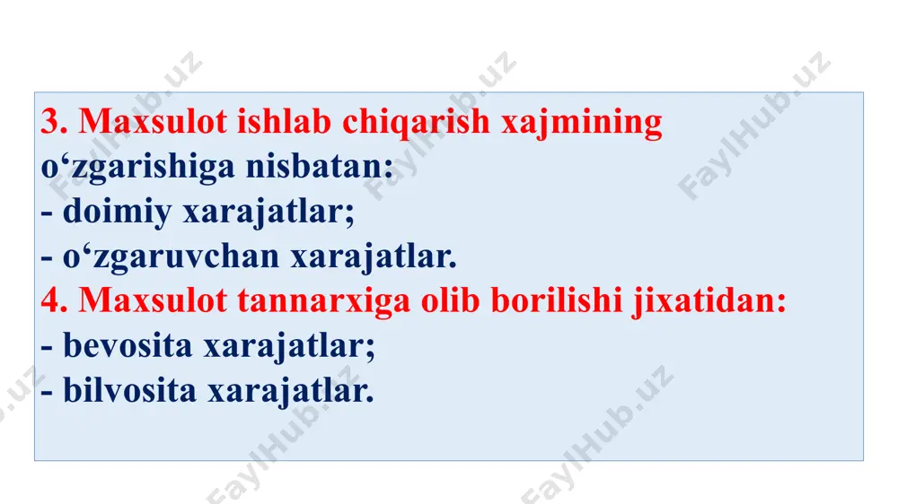 rtifikatlashtirish uchun bajarilgan ishlarga haq to‘lash; - xizmat safariga haq to‘lash; - yong‘inga qarshi kurash va qo‘riqlash muassasalariga haq to‘lash; - kadrlar tayyorlash va malakasini oshirish, xodimlar tanlovini tashkil qilishga xaq to‘lash; - aloqa xizmati, xisoblash markazlari, bank xizmatiga xaq to‘lash; - asosiy fondlarni ijaraga olganlik uchun xaq to‘lash; - nomoddiy aktivlarning eskirishi va x.k. 3. yillik ishlab chiqarish harajatlari va mahsulot tannarxi maxsulot tannarxi korxona xarajatlari tushunchasidan farq qiladi. korxonaning maxsulot ishlab chiqarish, sotish va boshqa moliyaviy-xo‘jalik faoliyati natijasida yuzaga keladigan barcha xarajatlari maxsulot tannarxiga kiritilmaydi. maxsulotning (ishning, xizmatning) ishlab chiqarish tannarxiga uni bevosita ishlab chiqarish bilan bog‘liq xarajatlar kiritiladi. ularga quyidagilar tegishli: - bevosita moddiy xarajatlar; - bevosita mehnat xarajatlari; - ishlab chiqarish xususiyatiga ega bilvosita ustama xarajatlar. bevosita moddiy xarajatlar: - xomashyo va asosiy materiallar (qayta kirim kilingan chikitlardan tashqari); - sotib olingan butlovchi qismlar va yarim fabrikatlar; - texnologik maqsadlar uchun ishlatilgan yoqilg‘i energiya; - ishlab …