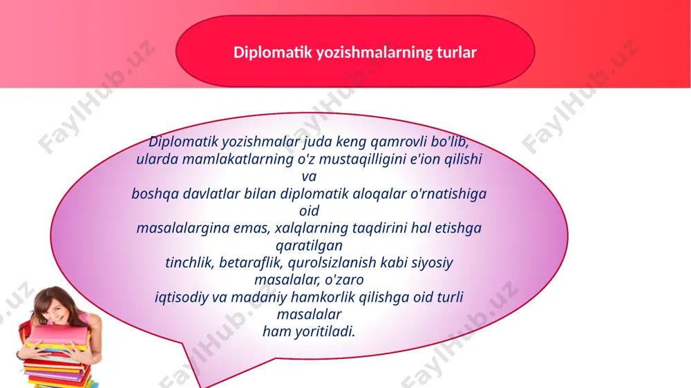 xsiy nota muayyan tarkibiy qismlar va o'ziga xos lisoniy qoliplarga ega bo'lib, murojaat, asosiy qism va xulosaga bo'linadi va i shaxs tomonidan yoziladi. 2-asosiy qismda- hujjat mazmuni yoritiladi. . 1-murojaat -shaxsiy nota yo'llanayotgan shaxsning o’sha davlatdagi mavqei, lavozimi darajasiga ko'ra qo'llanadi 3- xulosa qismi ham do'stona yozilgan notalarda hurmatni ifodalovchi so'zlar bilan tugallanadi verbal nota - hozirgi vaqtda davlatlararo tashqi aloqalarda eng ko'p qoilanuvchi hujjat bo'lib, tashqi ishlar vazirliklari, elchixonalar, vakolatxonalarning asosiy yozishmasidir. verbal notaning zaruriy qismlari: 1. davlat gerbi tasviri tushirilgan maxsus qog'ozga yoziladi. 2. qog'ozning yuqori chap burchagiga nota yoilayotgan hukumat, vazirlik, elchixona yoki davlat mahkamasining to'liq nomi yoziladi va joriy raqami qo'yiladi. 3. matn bevosita asosiy qismdan boshlanadi va iii shaxs nomidan yoziladi. 4. matndan so'ng nota yo'llovchi davlat poytaxtining nomi va sana yoziladi. 5. pastki chap burchagida nota yoilanayotgan mahkama va o'sha davlat poytaxtining nomi ko'rsatiladi. 6. nota tashqi ishlar vazirligi yoki vakolatxonalar muhri bilan tasdiqlanadi. …