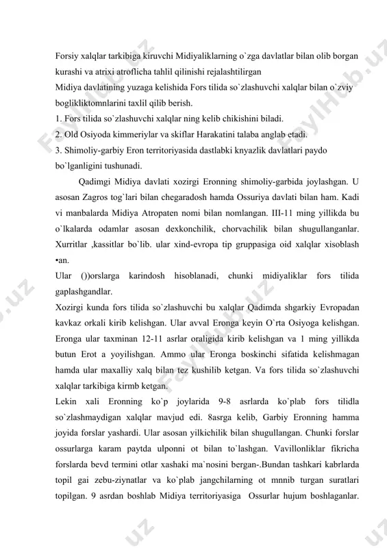 ndan tashkari kabrlarda topil gai zеbu-ziynatlar va ko`plab jangchilarning ot mnnib turgan suratlari topilgan. 9 asrdan boshlab midiya tеrritoriyasiga ossurlar hujum boshlaganlar. boylik orttirnsh maqsadida. bu vaktda eronda mayda knyazliklar mavud edi. ular asosan midiyaliklar hamda maxalliy xalqlar xisoblangan kassitlar xurritlar edi. lеkin ular shahar yoki kurgoniga ega edilar. kеyin ossurlar fors o`lkasja jumladan 744 yili ossur podshosi tiglatpalasar 3 xozirgi tеxron yakinigacha bostirnb kirdi. midiyalikldar o`zok vakt solik to`lashga majbur bo`ldilar. butun 8 asr mobayni da midiyaliklar ossurdar zulmi ostida bo`ldi. va nixoyat, 8 asrning oxirida garbiy eron tеrritoriyasida dastlabki davlatlar uyushmasi paydo bo`ldi. janubiy sharkiy urmiya quli yakinida manna podsholigi yuzaga kеldi. sabab ossurlarning tuxtovsiz hujumi tufayli knyazlik davlatlari birlashishga majbur bo`ldilar. bu davrda ya`ni 8 asr oxirida old osiyoda vaziyat ogirligi sababali kora dеngiz buyidagi kimmsriy qabilalari ham harakat boshladi. yana skif qabilalari ham harakag boshladi. ular urartu va ossur еrlarig a hujum uyushtirdilar. ammo yuqoridagi ko`chmanchi …