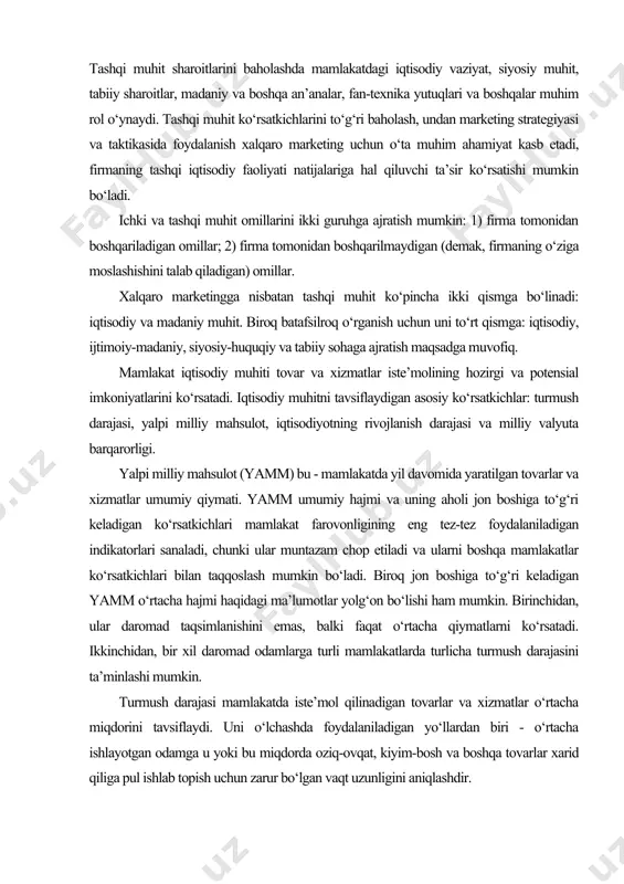 indikatorlari sanaladi, chunki ular muntazam chop etiladi va ularni boshqa mamlakatlar ko‘rsatkichlari bilan taqqoslash mumkin bo‘ladi. biroq jon boshiga to‘g‘ri keladigan yamm o‘rtacha hajmi haqidagi ma’lumotlar yolg‘on bo‘lishi ham mumkin. birinchidan, ular daromad taqsimlanishini emas, balki faqat o‘rtacha qiymatlarni ko‘rsatadi. ikkinchidan, bir xil daromad odamlarga turli mamlakatlarda turlicha turmush darajasini ta’minlashi mumkin. turmush darajasi mamlakatda iste’mol qilinadigan tovarlar va xizmatlar o‘rtacha miqdorini tavsiflaydi. uni o‘lchashda foydalaniladigan yo‘llardan biri - o‘rtacha ishlayotgan odamga u yoki bu miqdorda oziq-ovqat, kiyim-bosh va boshqa tovarlar xarid qiliga pul ishlab topish uchun zarur bo‘lgan vaqt uzunligini aniqlashdir. mamlakatning iqtisodiy o‘sish darajasi ko‘p jihatdan xalqaro marketingdan foydalanish imkoniyatlarini belgilab beradi. eng kichik imkoniyatlar odatda rivojlangan mamlakatlarda bo‘ladi, biroq ularda aholi soni qoidaga ko‘ra, barqaror bo‘ladi, ko‘plab mahsulot turlarini sotish esa to‘yinish bosqichiga yetadi. rivojlanayotgan mamlakatlarda esa aholi soni tez o‘sadi va garchi, hozirgi paytda ularda import nisbatan kichik bo‘lsada, xalqaro marketing nuqtai-nazaridan eng uzoq muddatli istiqbolga …