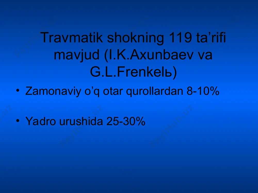 i. i. erektil faza (qoʼzgʼalish). u arterial bosim oshishi, tomirlar spazmi, nafas qisishi, endokrin bezlar faoliyati va modda almashinuvning kuchayishi bilan namoyon boʼladi. bunda harakat va nutq markazi qoʼzgʼalishi kuzatiladi, jabrlangan oʼz holatini baholay olmaydi. teri qoplamlari oqarib, nafas olish va pulьs tezlashadi, refleksmlar skelet mushaklar tonusi kuchayadi. bir necha minutdan bir necha soatlargacha davom etadi. ii. torpid faza (tormozlanish) organizmning hayotiy funktsiyalarning susayishi bilan xarakterlanadi. ”bogʼlov punktida oyogʼi yki qoʼli uzilgan, harakatsiz qotib qolgan askar yotibdi, u qichqirmiyapti, ogʼriqdan shikoyat ham qilmayapti, hech narsa soʼramayapti; uning tanasi sovuq, yuzi murdanikdek oqargan, nigohi uzoqqa tikilgan, haraktsiz;pulьsi ipsimon. terisi va jarohati sezgisi yoʼqolgan, lekin jarohatda osilib turgan katta nervni nima biolandir taʼsirlashtirilsa, bemor baʼzi mushaklarini harakatlantiradi” (pirogov n.i.). travmatik shokning og’irligi bo’yicha tasnifi i daraja (yengil shok) – bunda teri qoplamalari oqargan, puls daqiqasiga 100 marta, aqb 100/60 mm.sim.ust, tana harorati normada, nafas olish o’zgarmagan. bemor hushida ba’zi qo’zg’alishlar bo’lishi mumkin. …