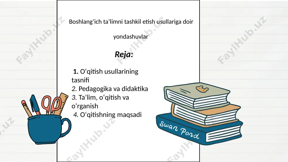 a didaktika asosida shakllanadi. pedagogika, yosh avlodni hayot va mehnatga tayyorlashning maqsadli jarayoni haqida fan boʻlib, didaktika esa oʻquv jarayonini tashkil etishning nazariy asoslarini oʻrganish va ochishga qaratilgan boʻlimdir. 5 3. taʼlim, oʻqitish va oʻrganish: taʼlim, taʼlim jarayonini tashkil etishning bir usulidir. oʻqitish esa talabaning bilim, koʻnikma va malakalarini rivojlantirish, mustahkamlash va qoʻllashga yordam beradi. oʻrganish esa oʻquvchilarning faoliyati va oʻz-oʻzini izlashga ragʻbatlantirishga yordam beradi. 4. oʻqitishning maqsadi: oʻqitishning maqsadi oʻquvchining axborotni uzatish jarayonida samarali oʻqitishni tashkil etish, uning oʻzlashtirilishini nazorat qilish va baholashdir. oʻqitish samaradorligi oʻquvchilar bilan oʻzaro munosabatda boʻlishni, birgalikda vaboshlangʻich taʼlimni tashkil etish usullari haqida yondashuvlar quyidagicha boʻladi: oʻqitish usullarining tasnifi: - assimilyatsiya-koʻpayish bosqichining usullari - tarbiyaviy va ijodiy ifodalash usullari - tarbiyaviy va tanqidiy ifodalash usullari - xulosa adabiyotlar 2. pedagogika va didaktika: - pedagogika, inson tajribasini oʻtkazish va yosh avlodni hayot va mehnatga tayyorlashning maqsadli jarayoni haqida fan boʻlib, taʼlimning asosiy qismidir. - didaktika, pedagogikaning …