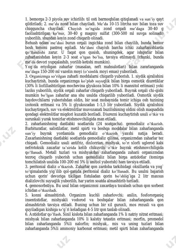 o’qimalardan qonga ko’p miqdorda so’rilib, yurak mushaklariga zaxarli ta’sir etishi mumkin. qonda kaliy miqdori oshib ketganda yurak to’xtab qolishining oldini olish maqsadida tomir ichiga 20 ml 10 li kalstiy glyukonat yuboriladi. boskichli davolash usuli. polk tibbiy punktida shokka qarshi tadbirlar (immobilizastiya, novokain bilan blokada, yurak-tomirlar faoliyatini yaxshilovchi dorilar va h. k.) ko’riladi. bu tadbirlarning davomi alohida tibbiy batalonda nihoyasiga etkaziladi. bemor shok xolatidan chiqarilganidai keyin, uni alohida tibbiy batalondan maxsus shkfoxonaga sun’iy buyrak apparatini qo’llash va boshqa davolash tadbirlarini o’tkazish maksadida olib boriladi. zaxarlanish holatda shoshilinch tibbiy yordam kursatish va saralash usuli. dushman tomonidan qo’llanilgan zaharlovchi modda turidan qat’iy nazar birinchi bo’lib zaharlangan kishiga protivogaz, niqob kiygiziladi. keyingi yordam qo’llanilgan zaharlovchi kimyoviy moddani turiga qarab belgilanadi. nerv falajlovchi ta’sirga ega bo’lgan zaharlovchi modda qo’llanilganda shprist- tyubikdagi antidot (maxsus modda) yuboriladi. teri qoplamidagi va kiyimdagi zaharli modda tomchilari kimyoviy moddalarga qarshi shaxsiy paket yoki 5%li ishqor eritmasi bilan neytrallashtiriladi. nafas to’xtaganda …