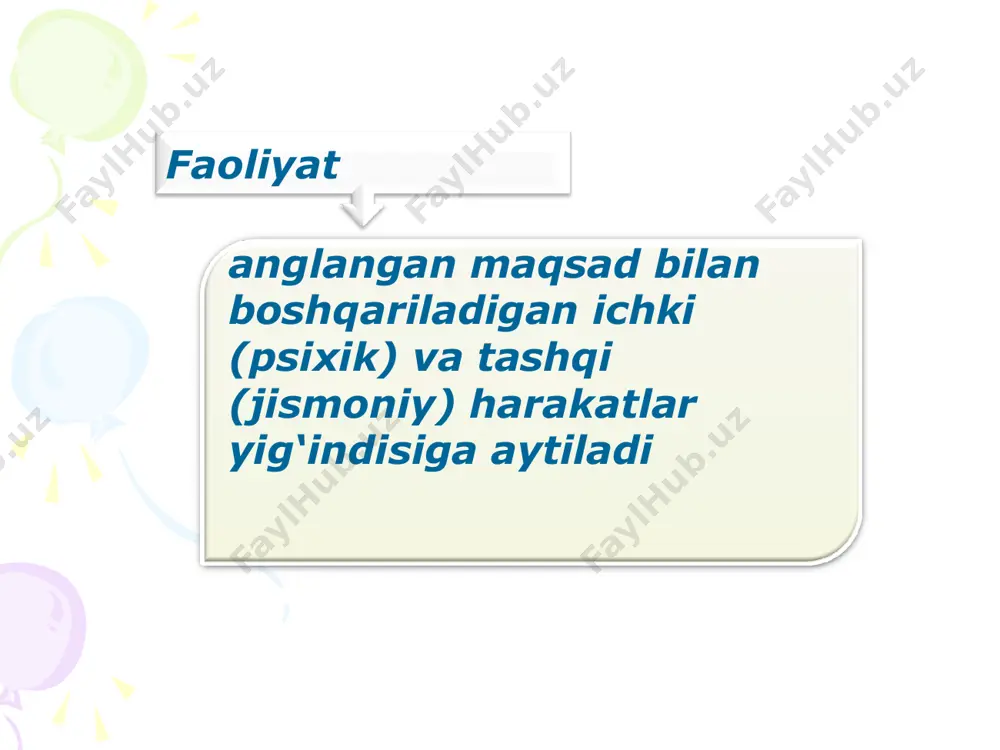 ashqi munosabatga o‘tishi faoliyatning eksteriorizatsiyasi deb yuritiladi barcha faoliyat turlari tarkibida uchta tarkibiy qismni: maqsad–motiv–harakatni ajratish mumkindir tashqi olamdagi narsalarning holatini va xossalarini o‘zgartirishga qaratilgan harakatlarni ish-harakat (sa'i-harakat) deb yuritiladi. * (lotincha afforens keltiruvchi degan ma’noni anglatadi) tashqi qo‘zg‘atuvchilardan hamda ichki organlardan axborotni qabul qiluvchi hissiy a’zolardan markaziy nerv sistemasiga kelib tushuvchi nerv impulslarining doimiy oqimini bildiradi afferentatsiya * odamdagi maqsadga muvofiq harakatlarning amalga oshirilishi va avtomatlashuvi malaka deb aytiladi * ishning tuzilishi shunday qisman avtomatlashuvi tufayli o‘zgarish imkoniyati quyidagidan iborat: * malaka quyidagicha hosil qilinadi: a) mehnat harakatlari, ularni egallab olishning zarur ekanligi va ahamiyatini anglash; b) harakat namunasini esda olib qolish; v) malaka namunalarini ko’p marta bajarish, mashq qilish; g) izchillik bilan olib boriladigan mashq natijasida harakatlar tezlashadi, xatolar kamayadi; d) malaka harakatlarni avtomatlashtirish bilan shakllanadi. ayrim ortiqcha harakat elementlari tushib qoladi.