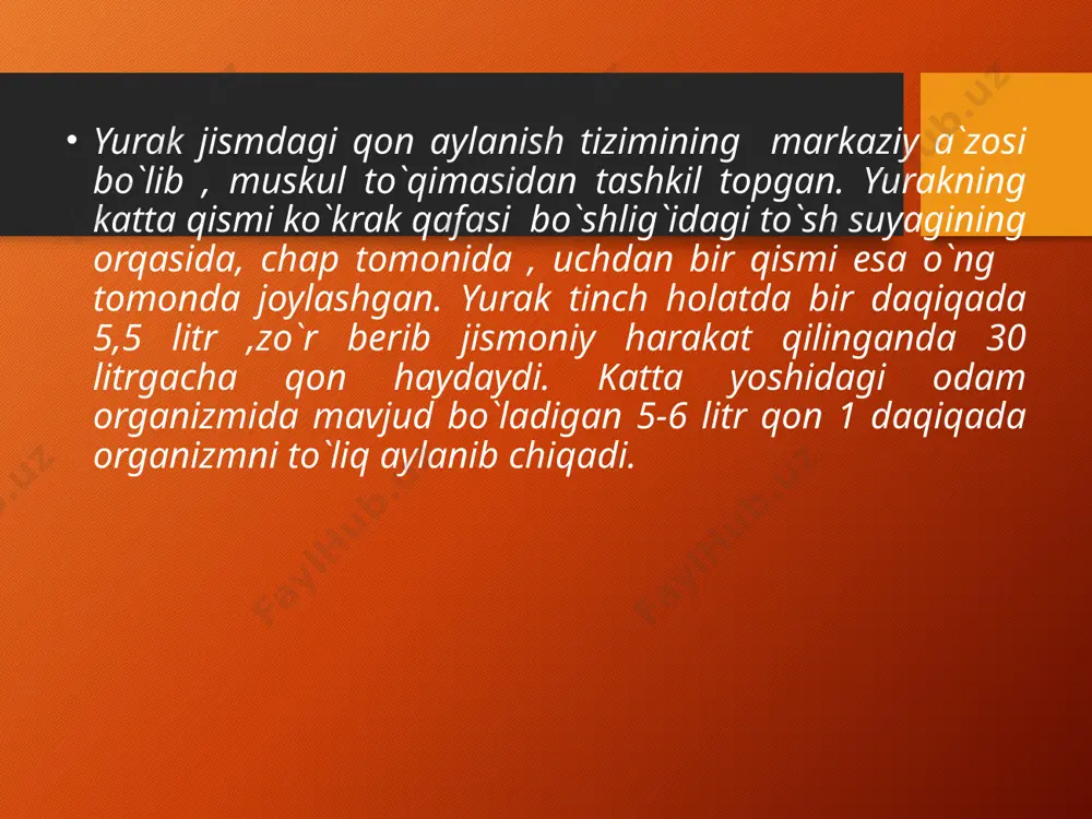 radi, boshi aylanadi, hushidan ketishi mumkin. miyada qon aylanishining buzilishiga miokard infarkti tufayli yurak qonni hayot uchun zarur a’zolarga yetkazib berolmasligi sabab bo‘ladi. miokard infarktining bu xili yurakning notekis urish xili bilan birga bo‘lishi mumkin. miokard infarktining belgisiz xilida bemorlar miokard infarktini o‘tkazganliklarini bilmaydilar. boshqa sabab bilan ekg da tekshirilganda miokard infarkti o‘tkazganligiga xos o‘zgarish (chandiq) topiladi. ekg dagi o‘zgarishlarga qarab miokard infarktining o‘tkir davri 1—2 kundan 10 kungacha davom etishi mumkin. o‘tkir davrida hayot uchun xavfli asoratlar rivojlanishi mumkin, bu birinchi o‘rinda yurakning notekis urishi va o‘tkazuvchanligining buzilishidir. asoratlariga shok (reflektor, kardiogen va aritmik), yurak astmasi, o‘pka shishi, chap qorinchaning o‘tkir yetishmovchiligi, yurak muskulida anevrizma rivojlanishi, yurak devorining teshilishi, oshqozon, ichaklarda o‘tkir yara paydo bo‘lib, qon ketishi, pankreatit rivojlanishi kiradi. davolash. miokard infarktining davosi maxsus tez yordam mashinalar brigadasida, shifoxonalarda, poliklinikada, sanatoriyada o‘tkaziladi. bemorni kasalxonaga keltirguncha unga tezlik bilan yordam ko‘rsatish zarur. og‘riq qoldiruvchi, yurak urishi tezligini pasaytirish uchun …
