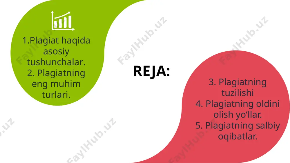 lish va boshqalar). 4. natija: o‘sha o‘zlashtirilgan material qanday taqdim etilgan (o‘ziniki sifatida yoki qisman o‘zlashtirilgan holda). 4 1. manbalarni to‘g‘ri ko‘rsatish: har bir iqtibos yoki ma’lumot uchun manbalarni aniq belgilash. 2. akademik yozish qoidalariga rioya qilish: parafraz qilishda yoki iqtibos keltirishda xalqaro standartlarni qo‘llash. 3. plagiatni tekshirish dasturlari: "turnitin", "grammarly" yoki boshqa vositalardan foydalanish. 4. o‘z g‘oyalarini ishlab chiqish: boshqalarning fikrlarini nusxa ko‘chirish o‘rniga o‘z ijodingizni rivojlantirish. plagiatning oldini olish yo‘llar plagiatning salbiy oqibatlari. 3. akademik jazolar: talabalikdan chetlashtirish, ilmiy darajani bekor qilish. 2. reputatsion zarar: ilmiy yoki ijodiy sohada obro‘ yo‘qolishi. 1. qonuniy javobgarlik: mualliflik huquqini buzganlik uchun jarimalar yoki boshqa jazolar. 4. ijodiy rivojlanishga to‘sqinlik: plagiat ijodkorlikni o‘ldiradi va shaxsiy rivojlanishni to‘xtatadi. plagiatni aniqlash va oldini olish uchun mualliflik huquqlari, iqtibos keltirish qoidalari va axloqiy me’yorlarga rioya qilish muhim. yozuv va ijod jarayonida halollikni saqlash nafaqat shaxsiy, balki jamiyat miqyosida ham ahamiyatlidir. xulosa. image1.png /docprops/thumbnail.jpeg