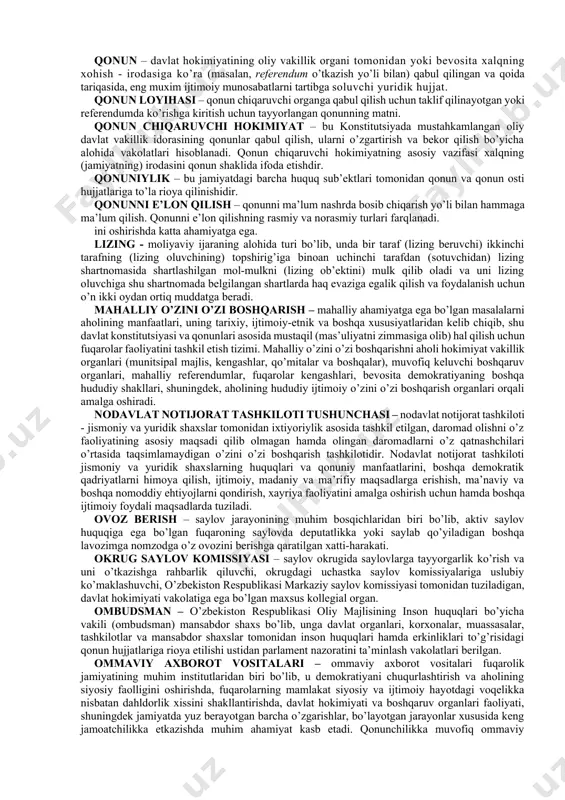 b.) d.b. prezident bo’lib, u yoki bevosita aholi tomonidan saylanadi (meksika, panama, kolumbiya), yoki bilvosita (aqsh, argentina), yoxud ko’p bosqichli saylovlar(italiya, gfr, hindiston) natijasida saylanadi. ko’pchilik davlatlarda individual davlat rahbari mavjud, prezidentlik respublikalarida davlat rahbari ayni paytda hukumat rahbari ham hisoblanadi.(aqsh, meksika, argentina, afrikaning ayrim davlatlarida). davlat qo’mitalari – (o’zrda) umumdavlat vazifalarni bajaradigan sohalararo davlat boshqaruvi markaziy idoralari. d.q. tegishli tarmoq muassasalari faoliyatini muvofiqlashtiradi va nazorat qiladi. d.q. tegishli tarmoqdagi ahvol uchun mas’ul hisoblanadi. “o’zr vazirlar mahkamasi to’g’risida”gi qonuni (1993 y. 6 may) va vazirlar mahkamasining tegishli qarorlari d.q. ning huquqiy holatini belgilab bergan. davlat nazorati – davlat organlari chiqaradigan qonunlar va boshqa huquqiy hujjatlarga rioya qilinishini ta’minlaydigan davlat hokimiyatini amalga oshirish shakllaridan biri. davlat nazoratini turli organlar amalga oshiradi. odatda nazorat vazifasi asosan parlamentlarda to’plangan, ammo keyingi o’n yillikda ko’pgina mamlakatlarda parlamentdan tashqari, biroq parlament nomidan ish yuritadigan nazorat instantsiyalari keng tarqaldi (masalan, ombudsman, hisob palatasi), ma’muriy yustitsiya organlarining …