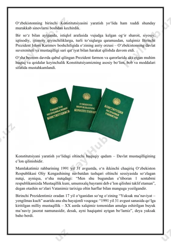 oga ega edi. islom karimov aeroportdan to‘g‘ri hukumat binosiga kelib, kechqurun hukumat a’zolari bilan uchrashdi hamda o‘zbekiston ssr hududida gkchpning qonunga zid qarorlarini bekor qilish haqida ko‘rsatma berdi. shu tariqa gkchp gumashtalari o‘zbekitston hukumati nomidan qabul qilgan barcha hujjatlarni bekor qildi”. yaqin o‘tmishning bu voqealarini eslash va eslatishdan muddao esa yangi konstitutsiyamizni yaratish yo‘lidagi kurashlar mustaqillik uchun kurashning uzviy, ajralmas qismi ekanligini e’tirof etishdan iborat. zero, biz o‘z istiqlolimizni qanday qiyinchiliklar bilan, qanday sinov va suronli kurashlar bilan qo‘lga kiritgan bo‘lsak, o‘zbekistonning birinchi konstitutsiyasini yaratish yo‘lida ham xuddi shunday murakkab sinovlarni boshdan kechirdik. bir so‘z bilan aytganda, istiqlol arafasida vujudga kelgan og‘ir sharoit, siyosiy, iqtisodiy, ijtimoiy qiyinchiliklarga, turli to‘siqlarga qaramasdan, xalqimiz birinchi prezident islom karimov boshchiligida o‘zining asriy orzusi – o‘zbekistonning davlat suvereniteti va mustaqilligi sari qat’iyat bilan harakat qilishda davom etdi. o‘sha beorom davrda qabul qilingan prezident farmon va qarorlarida aks etgan muhim huquq va qoidalar keyinchalik konstitutsiyamizning asosiy …