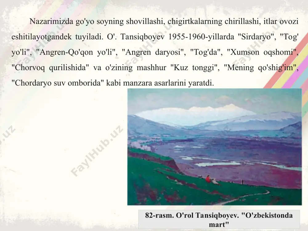 un moskvaga sayohat yo'llanmasi berildi. a. abdullayev o'z esdaliklarida i. repinning moskvadagi tretyakov galereyasida saqlanayotgan portretlari uni rom etganligini to'lqinlanib yozgan. rassom samarqanddagi rassomchilik texnikumini bitirib, 1938-1941-yillarda moskva rassomchilik institutida ta'lim oldi. u "abror hidoyatovning otello rolidagi portreti", "mannon uyg'ur portreti", "usta shirin murodov portreti", "oybek portreti"ni ishladi. "otello" spektaklini tomosha qilgandan so'ng, rassom a. hidoyatov timsolidagi otelloning xarakterli qiyofasini yaratdi. aktyor qiyofasida o'ziga ishonch, iroda, qaynoq ehtiros, shiddat, vajohat ko'rinib turadi. obraz ta'sirini kuchaytirish uchun rassom aktyor qomatini surat tekisligining chegaralanga tarqalgan holda tasvirlagan. asardagi to'q qizil, jigarrang, och-sarg'ish ranglar otelloning mhiy holatini ochib berishga xizmat qilgan. rassomning 1956-1960-yillarda hindiston, afrika, indoneziyaga qilgan sayohati unga ijodiy ko'tarinkilik bag'ishladi. 1957-yil safar taassurotlari asosida "indira gandi", 1964-yil "hind ayoli", "jaypurda", "milliy libos kiygan sinx", "indoneziya bosh kiyimidagi avtoportret"ni, 1966-yilda "fransuz tili o'qituvchisi", "senegallik yigit" kabi portret asarlarini yaratdi. a. abdullayev "sobir abdulla", "buvi va nabira", "malika" kabi portret asarlarini ishlashda ihq …