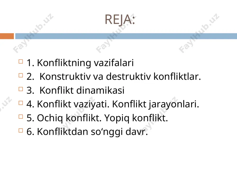 tasavvur qilishga imkon beradi. konfliktlarning echimini topishda tajribalar shuni ko`rsatadiki, bu erda konflikt formulalarini bilish kata yordam beradi konfliktli holat + intsident = konflikt konfliktlarni hal qilish adabiyotlarda konfliktlarni hal qilishning maqsadga muvofiq asoslariga quyidagilar kirishi haqida fikr beriladi, ya’ni : konflikt sabablari; taraflar xulqatvor motivlarini o’z ichiga olgan qarama-qarshi kurash diagnostikasi; vaziyatli va pozisiyaviy tahlilni amalga oshirish (vujudga kelgan vaziyat va taraflar nuqtai nazarlarini aniqlashtirish) konfliktlar borishini va oqibatlarini bashorat qilish (shu jumladan konflikt u yoki bu tarzda tugaganda har bir taraf uchun foyda yoki zararni aniqlash). bu harakatlarning barchasi faqat uchinchi taraf (vositachi) tomonidangina emas, shuningdek subyektlarning o’zlari tomonidan amalga oshirilishi foydalidir, bunda taraflar o’tkazilgan tahlildan so’ng umumiy qarorlarni ishlab chiqish zaruriyatini tushunishga yaqinlashadilar. konfliktgacha bo’lgan hodisalar konfliktli vaziyat konfliktli vaziyat bu - insonlar manfaatlari bilan bog’liq holatlarning shunday jamlanishiki, bu ijtimoiy subyektlar o’rtasida real qarama-qarshilik uchun obyektiv tarzda negiz yaratilishidir. bu ta’rifni batafsil ko’rib chiqsak, vaziyatning bosh …