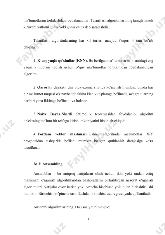 shuv bir-birining ustiga o'rnatilgan ikkita qatlamdan iborat. asosiysi algoritmlarning kombinatsiyasi, yuqori qismi esa bazaviy darajaga asoslangan meta-algoritmlardir. №4: klasterlash klasterlash algoritmlari nazoratsiz o'rganish usuliga ishora qiladi va guruh ma'lumotlar nuqtalariga qo'llaniladi. xuddi shu klasterdagi nuqtalar boshqasiga qaraganda bir-biriga o'xshash. klasterlash algoritmlari 4 turga bo'linadi: 1. klaster markazi. u oldindan belgilangan shartlar va xususiyatlar asosida ma'lumotlarni klasterlarga birlashtiradi. k-means - bu toifadagi eng mashhur algoritm. 2. zichlikka qarab klasterlash. ushbu turdagi yuqori zichlikdagi hududlarni klasterlarga bog'laydigan, ixtiyoriy shakldagi taqsimotlarni yaratadigan algoritmdan foydalanadi. 3. tarqatishlarga asoslangan klasterlash. ushbu turdagi algoritm ma'lumotlarning gauss taqsimotini o'z ichiga oladi, ular keyinchalik bir xil taqsimotning turli xil variantlariga birlashtiriladi. 4. ierarxik algoritmlar. ushbu algoritmda klasterlarning ierarxik daraxti qurilgan. klasterlar sonini daraxtning ma'lum bir darajasida birlashtirib o'zgartirish mumkin. №5: assotsiatsiya qoidalarini topish assotsiativ algoritmlar nazoratsiz o'rganish bilan bog'liq va bir nechta elementlarning ma'lum bir ma'lumotlar to'plamida birga bo'lish ehtimolini aniqlaydi. ular asosan bozor savatini tahlil qilishda qo'llaniladi. …