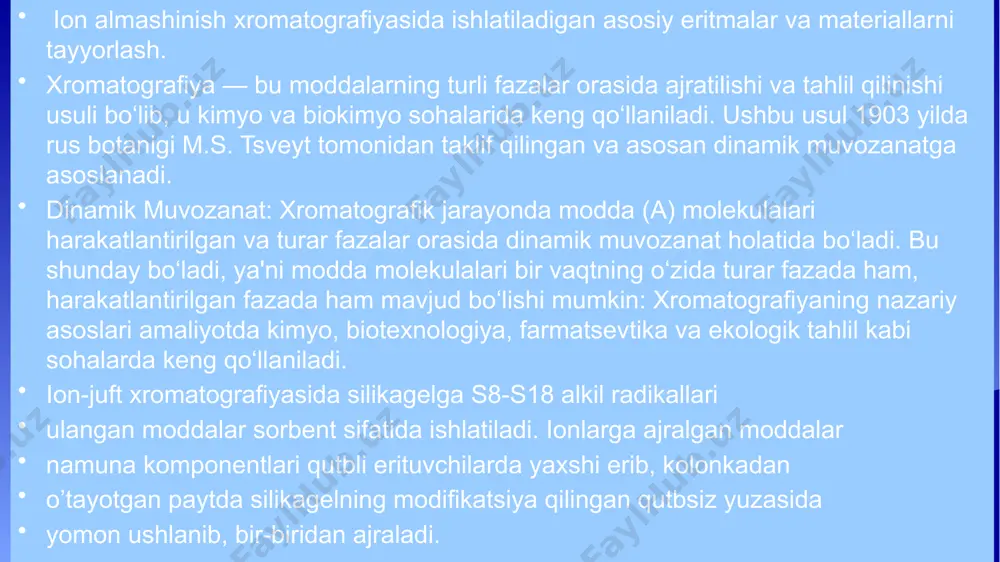 i aniqlanadi. natijalarni tahlil qilish ajralgan ionlarning miqdoriy natijalari asosida: ion konsentratsiyasi aniqlanadi (mol/l, mg/l, ppm va h.k.). reaksiya darajasi va reaksiya to‘liqligi baholanadi. tajribaviy xatoliklar va aniqlik darajasi ko‘rib chiqiladi. agar turli namunalar bo‘lsa, taqqoslash amalga oshiriladi. namuna: misol uchun, ca²⁺ ionini aniqlash: cho‘ktirma usulida ca²⁺ + c₂o₄²⁻ → cac₂o₄↓ reaksiya orqali cho‘kma olinadi. cho‘kma tortilib, quritilib massasi aniqlanadi. e’tiboringiz uchun rahmat