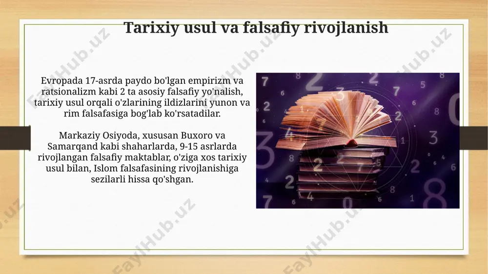 a qo'shgan. ontologiya qadimgi yunon faylasufi parmenidning "mavjudlik" tushunchasi haqidagi ta'limotidan kelib chiqqan bo'lib, hozirgi zamon fanlarida, xususan, 3 ta asosiy sohada qo'llaniladi. falsafa usullarining umumiy nuqtai nazar 19-asr oxiri va 20-asr boshlarida paydo bo‘lgan fenomenologiya va ekzistensializm falsafasi mavhum mantiq va 3 ta asosiy epistemologik yondashuvlarni rivojlantirdi, dunyoqarashga yangicha nuqtai nazar olib keldi. falsafa usullarining 4 ta asosiy turi – dialektika, induksiya, deduksiya va analitik usullar – qadimgi yunoniston va 17-asr yevropasi falsafasida shakllangan va bugungi kunda ham 20 dan ortiq mamlakatlarda qo‘llaniladi. epistemologiya: bilish haqida ta'limot empirizm, 18-asr buyuk britaniyasida j.lokk va d. yum singari faylasuflar tomonidan rivojlantirilgan, tafakkur tajribada asoslanganligiga e'tiqod qilgan 2 ta asosiy epistemologik maktabdan biridir. epistemologiyaning asosiy yo'nalishlaridan biri, 17-asrda paydo bo'lgan ratsionalizm, aql va mantiq orqali bilimga erishishni ta'kidlaydi, masalan, dekartning "cogito, ergo sum" tamoyili kabi. dialektika va ziddiyatlarni hal qilish marksist falsafasi, 19-asrda germaniyada paydo bo'lib, dialektika va ziddiyatlarni hal qilish usullarini …