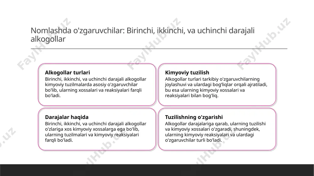 siyalarni aniqlash, ularning kimyoviy xususiyatlarini oʻrganish va mahsulotlarni bashqarishda juda muhimdir. 03 kimyoviy jarayonlarni tushunish alkogollar oʻzaro reaksiyalarni tushunish kimyoviy jarayonlarni oʻrganishda yordam beradi, bu esa kimyoviy sintezlarni rivojlantirishda katta ahamiyatga ega. alkogollarning kimyoviy shakllari va ularning oʻzaro ta'siri 1 alkogol shakllari alkogollar lineyka, atsetal, ve glykol shakllarida boʻladi. ularning kimyoviy tuzilishi va fizikaviy xususiyatlari bir-biriga ta'sir qiladi. 2 alkogollarning geometriyasi alkogollar trigonal geometriyaga ega boʻladi, bu ularga kovalent bogʻlanishlar orqali bir-biriga ta'sir qilishga imkon beradi. 3 ta'sirning mexanizmi alkogollar oʻzaro ta'sir qilishda hidrojen bogʻlanishlarini oʻz ichiga oladi va kimyoviy reaksiyalarni oʻtkazadi. bu jarayonlar kimyoviy sintezlar uchun muhim. alkogollarning tarkibiy elementlari va ulardagi bogʻliqlar alkogollarning tarkibiy elementlari oʻzida karbon, gidrogen va oksigen elementlari mavjud. ular oʻrtacha molekulyar koʻrinishlarini tuzishda katta ahamiyatga ega. photo by nahima aparicio on unsplash kimyoviy yog'lar va reaksiyalarni oʻrganishning ahamiyati 1 kimyoviy yog'lar kimyoviy yog'lar organik kimyoning asosiy tarkibiy elementlari hisoblanadi va ularning kimyoviy xossalari oʻrganish …
