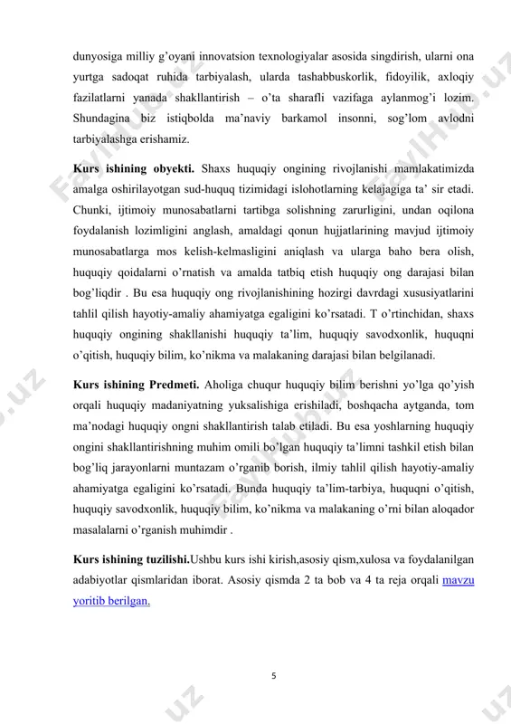ar. uchinchidan, yoshlar qanchalik milliy g’oya bilan qurollangan va uni anglab olgan bo’lsa jamiyat shunchalik taraqqiyotga erishadi.[1] bu holat milliy g’oya va yoshlarning o’zaro bog’liqligini belgilaydi. boshqacha aytadigan bo’lsak, milliy g’oya qanchalik mazmunli va millat kelajagi uchun xizmat qiladigan va har bir kishining uzoqqa mo’ljallangan maqsad va manfaatlari, pirovardida esa millatning istiqbolini belgilashga xizmat qiladigan bo’lsa, uni yoshlar shunchalik tez qabul qiladi va unga nisbatan o’zining ijobiy munosobati shakllanadi. shu bilan birgalikda, milliy g’oyaning yoshlarga nechog’li ta’siri, safarbar etuvchilik, ilhomlantiruvchilik, buyuk kelajak sari chorlovchilik sohasidagi ahamiyati, talim va tarbiyada tutgan o’rni va roli uning hayot haqiqatlariga, real borliqqa xalq turmushiga qanchalik mos va muvofiqligiga qarab belgilanadi. huquqiy tarbiya shakllari quyidagilarcha bo’lishi mumkin: a) huquqiy bilim; b)huquqiy tashviqot; v) jamoatchilik tomonidan olib boriladigan ishlar; g) huquqni himoya qiladigan davlat organlarining ishlari bilan tanishish (tergov , sud jarayonlarida qatnashish); d)xalq deputatlarini nomzodlikka tavsiya qilish majlislarida, mahalliy hokimiyatlar qoshidagi voyaga yetmaganlar komissiyalari ishlarida …
