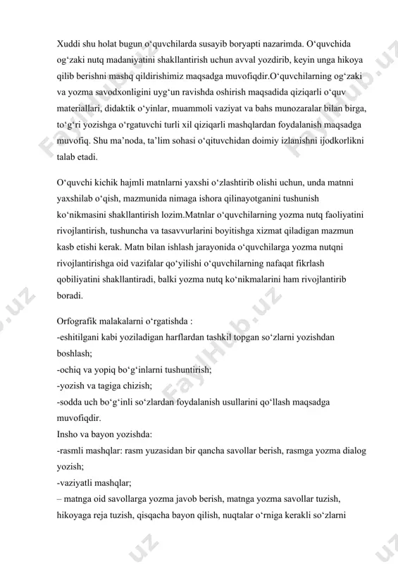 i mashqlar; – matnga oid savollarga yozma javob berish, matnga yozma savollar tuzish, hikoyaga reja tuzish, qisqacha bayon qilish, nuqtalar o‘rniga kerakli so‘zlarni qo‘yish kabilar. orfografik malakalarni o‘rgatish o‘qitishning asosiy tarkibiy qismi hisoblanadi va umumta’lim maktablarida yozuvni o‘rgatishning maqsadi hisoblanadi. tilga oid yozma bajariladigan leksik mashqlar so‘zlarni — qo‘shimchalar, o‘zakni to‘g‘ri yozishni o‘rqatishga xizmat qiladi. bunda: -so‘zlarni tahlil qilish mashqi; -so‘zlarni turli xil so‘z yasovchi qo‘shimchalar orqali guruhlarga ajratish mashqi; -xatolarni topish va to‘g‘ri yozish mashqi; -so‘z yasash mashqlaridan foydalanish mumkin. shuni ham alohida ta’kidlash joizki, yozma nutq savodxonlik darajasining katta bir omilidir. chunki yozma nutqda grammatik, stilistik, imloviy xatolarga yo‘l qo‘ymaslik talab etiladi. odam qanchalik ko‘p yozsa, uning husnixati ham shunchalik chiroyli bo‘lishi ma’lum. shuning uchun boshlang‘ich sinflarda birgina harfni o‘qituvchilar qayta-qayta yozdirishadi. bundan maqsad esa — o‘quvchining husnixati chiroyli bo‘lishiga erishish va savodxonligini oshirishdir. bu esa, o‘z navbatida, bilim sifatiga ta’sir etuvchi ikki omilning uyg‘unlikdagi yutug‘i hisoblanadi.imlo haqida …