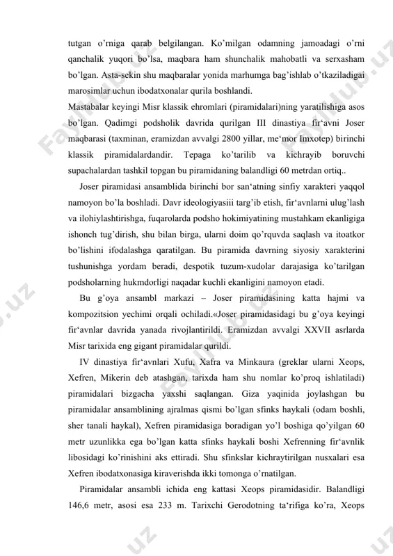 aqinida joylashgan bu piramidalar ansamblining ajralmas qismi bo’lgan sfinks haykali (odam boshli, sher tanali haykal), xefren piramidasiga boradigan yo’l boshiga qo’yilgan 60 metr uzunlikka ega bo’lgan katta sfinks haykali boshi xefrenning fir‘avnlik libosidagi ko’rinishini aks ettiradi. shu sfinkslar kichraytirilgan nusxalari esa xefren ibodatxonasiga kiraverishda ikki tomonga o’rnatilgan. piramidalar an​sambli ichida eng kattasi xeops piramidasidir. balandligi 146,6 metr, asosi esa 233 m. tarixchi gerodotning ta‘rifiga ko’ra, xeops piramidasi 20 yil mobaynida qurilgan. piramidaga toshlar olib kelish uchun kerak bo’lgan yo’lni qurish uchun esa 10 yil kerak bo’lgan. odamlar (qullar, erkin dehqon va hunarmandlar) shu piramidani qurish uchun haydab kelingan. bu esa davlat ekonomikasiga ta‘sir etmay qolmadi. xalq g’alayonlariga sabab bo’ldi. shuning uchun v dinastiya fir‘avnlari hajmi katta bo’lmagan piramidalar qurdira boshladilar. lekin piramida ansamblida ibodatxonaga alohida e‘tibor berdilar, uning hajmi kengaydi, badiiy bezagida monumental relef va rassomlik keng qo’llanila boshlandi. bu tasvirlar marhumni ulug’lash va ilohiylashtirishga qaratilgandir. qurilishda ustunlarning konstruktiv funktsiyalari …