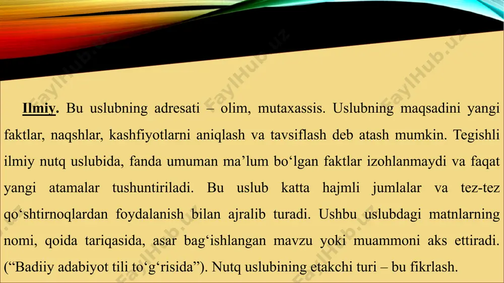 asi tashqi tilshunoslik mujassamligi orqali amalga oshiriladi. ilmiy nutqning lug‘ati uchta asosiy qatlamdan iborat: umumiy so‘zlar, umumiy ilmiy so‘zlar va atamalar. umumiy lug‘at tarkibiga ilmiy matnlarda eng ko‘p uchraydigan va taqdimot uchun asos bo‘lgan umumiy til so‘zlari kiradi. masalan: dunyo tillariga yer sharida yashovchi (yoki ilgari yashagan) xalqlarning tillari kiradi. bu erda alohida so‘z yo‘q. umumiy ilmiy lug‘at allaqachon ilmiy obyektlar va hodisalarni tasvirlaydigan nutq kabi ilmiy nutqning bevosita qismidir. umumiy ilmiy so‘zlar ma’lum tushunchalarga beriladi, lekin atamalar emas, masalan: operatsiya, savol, vazifa, hodisa, jarayon va boshqalar. ilmiy uslubning asosini ilmiy uslub lug‘atining uchinchi qatlami – terminologiya tashkil qiladi. termin fan yoki obyektni, hodisani yoki konsepsiyani aniq va aniq ko‘rsatadigan va uning mazmunini ochib beradigan so‘z yoki ibora sifatida ta’riflanishi mumkin, bu atama ilmiy asoslangan ta’rifga asoslangan. e’tiboringiz uchun raxmat image2.png image1.png /docprops/thumbnail.jpeg